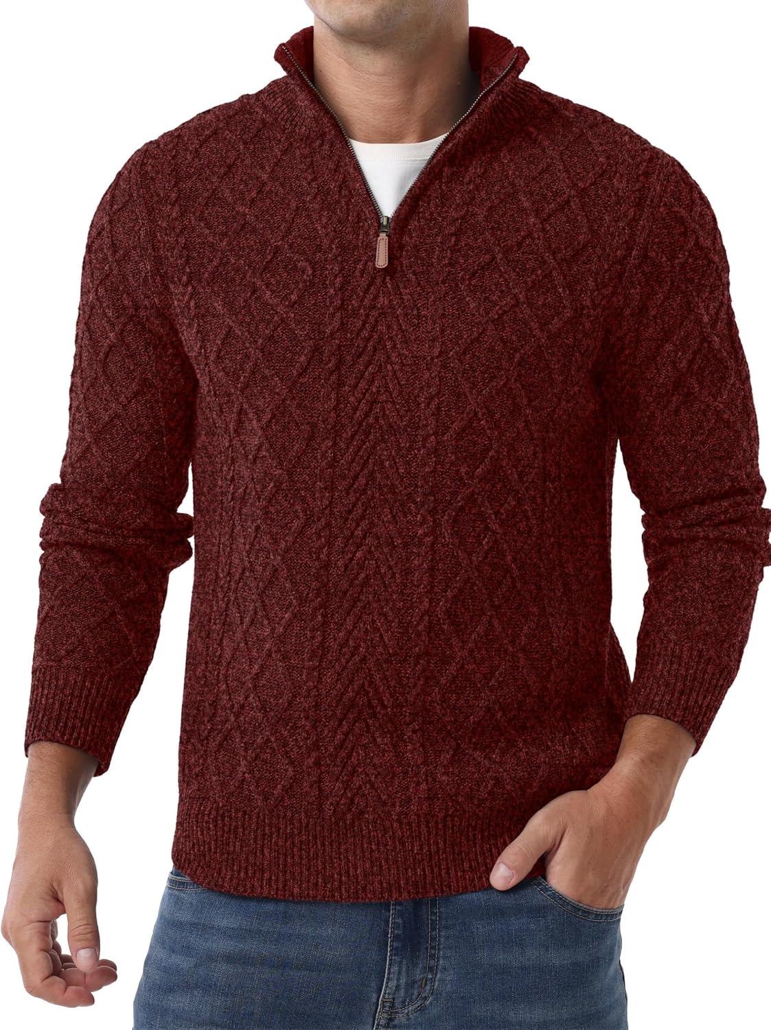 Pull Homme Tricot Torsadé Avec Zip 1/4 Col Montant – Doux, Chaud Et Confortable Pour L'Hiver