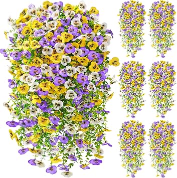 Serwalin Artificial Fake Hanging Flowers for Outdoors Planters,6PCS UV Resistant Faux Pansy Spring Flowers for Outside Porch Patio Garden Window Box Yellow Purple White
