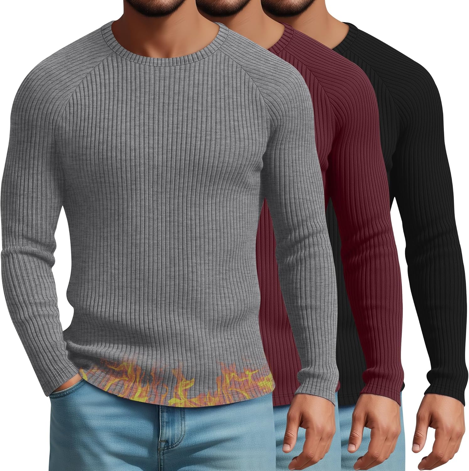 August Alley 3 Pack Men's Ribbed Thermal Long Sleeve Shirts 90% Cotton Crew Neck Pullover Tops Slim Fit Winter Undershirts