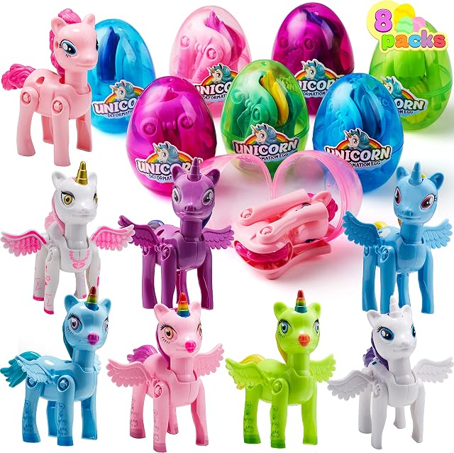 8 Pack Pre Filled Jumbo Deformation Easter Eggs with Unicorn Pony Toys, 3.5 inches Filled Eggs for Easter Egg Hunt, Basket Stuffers Filler, Classroom Prize Supplies