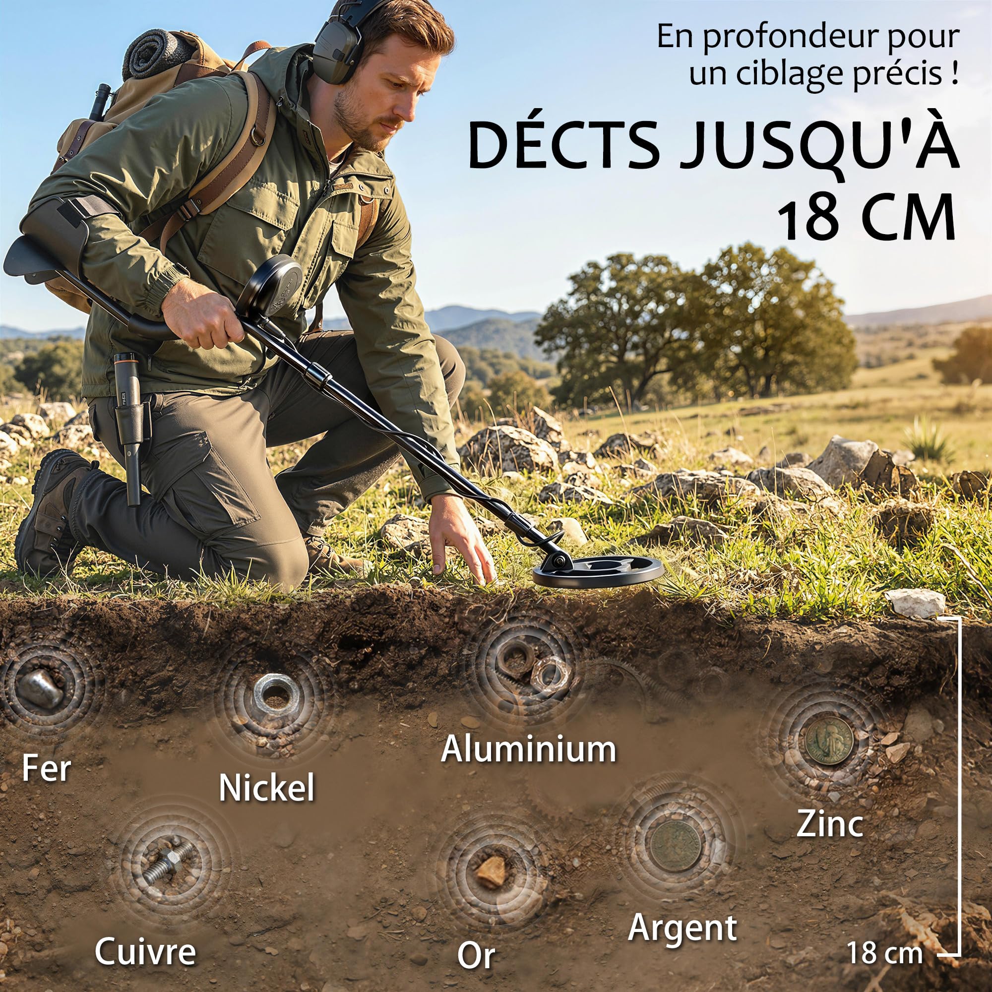Outsunny Détecteur de Métaux Professionnel pour Adultes, Bobine IP68 LCD