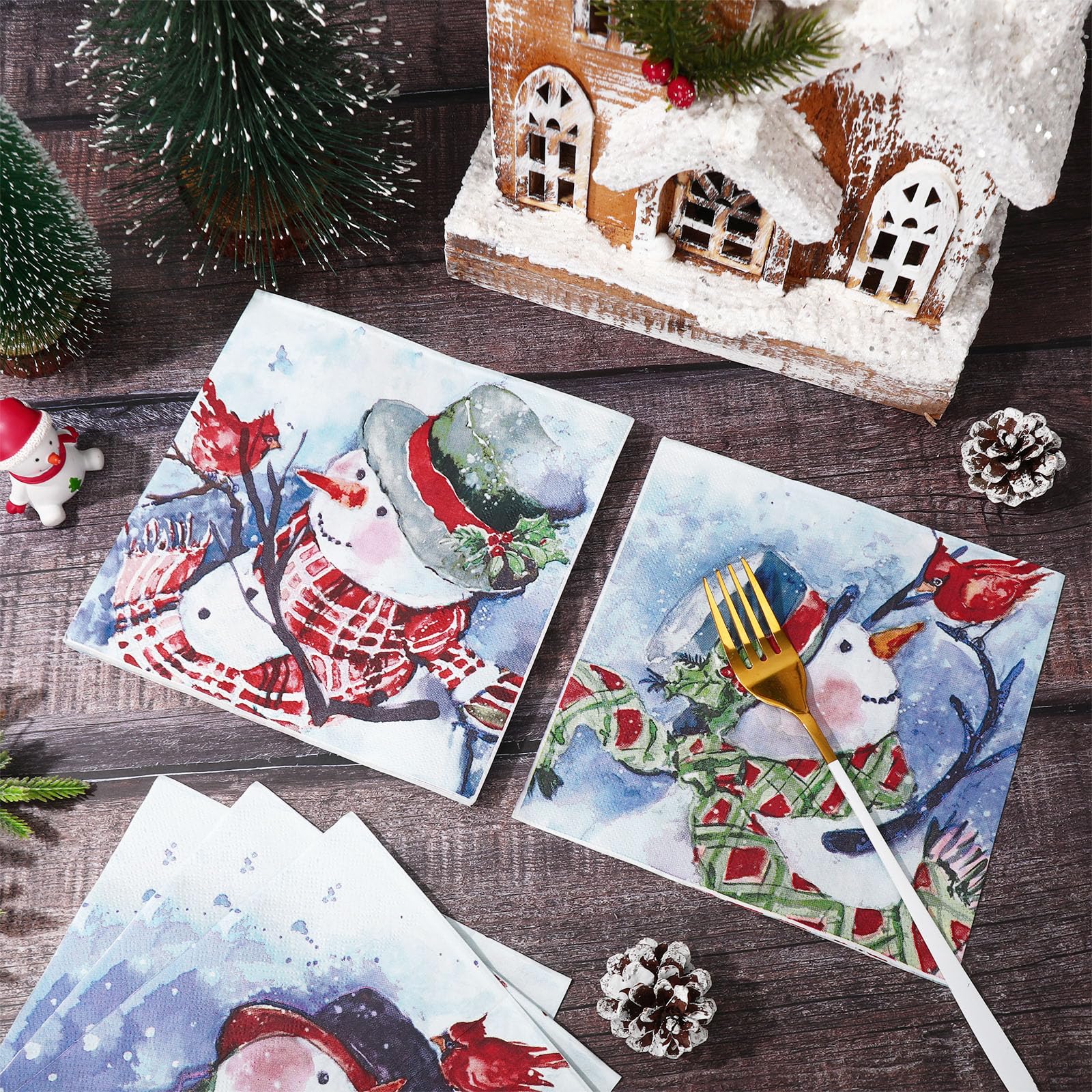 JarThenaAMCS Papierservietten, Motiv: Schneemann, Aquarellfarben, Schneemann, Kardinäle, Einweg-Servietten, niedliches Weihnachtsessen, Abendessen, Servietten für Weihnachten, Winter, Partyzubehör, 80