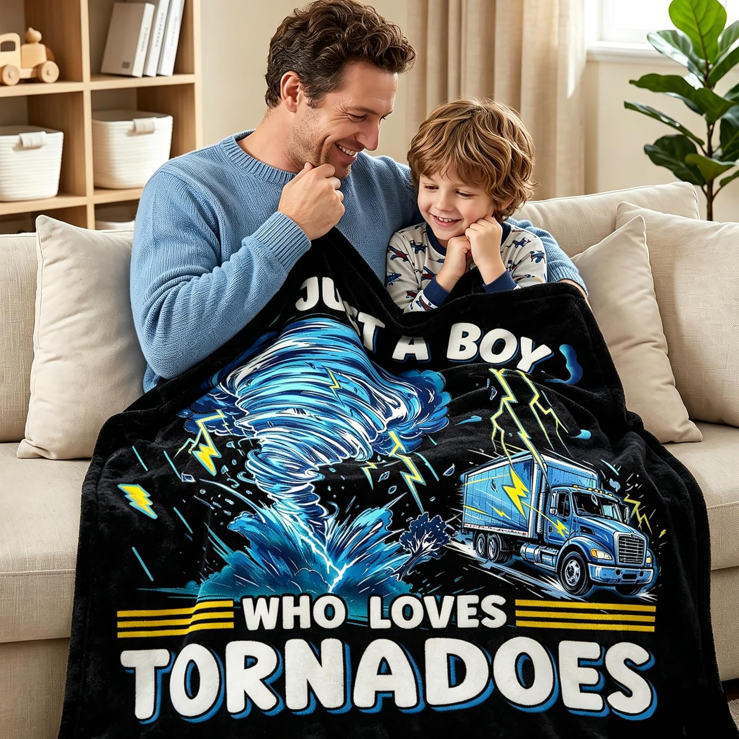 Tornado Blanket for Boys, Just a Boy Who Loves Tornadoes Flannel Throw, Cool Storm Truck Design, Soft Plush Kids Gift for Grandson Son, Weather Theme Decor,60"x80"