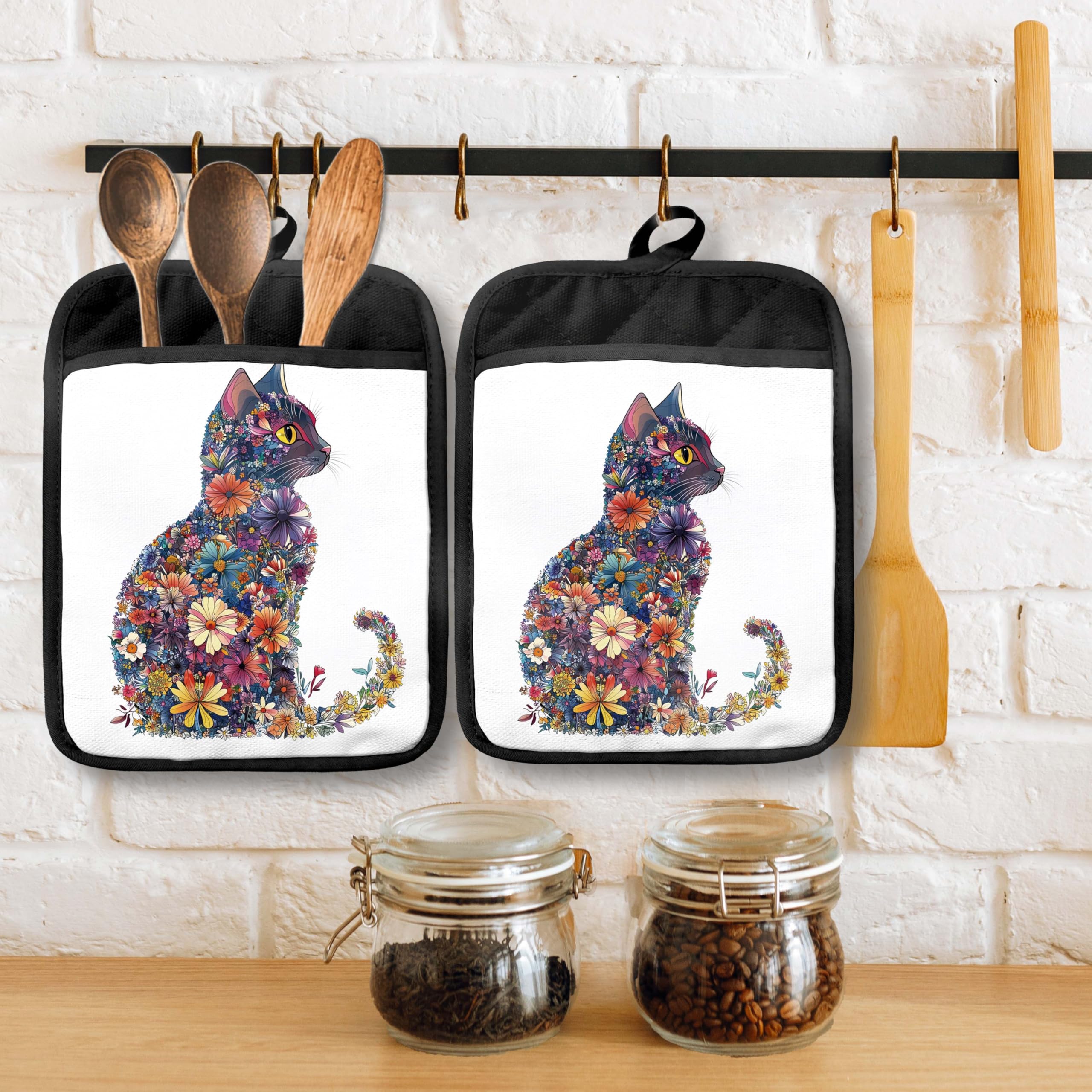 Blumentopfhalter mit Taschen, Katzen-Küchendekoration, ästhetisches Blumen-Kätzchen, Topflappen, hitzebeständige Ofenhandschuhe, heiße Pads für Küche, Backen, Kochen