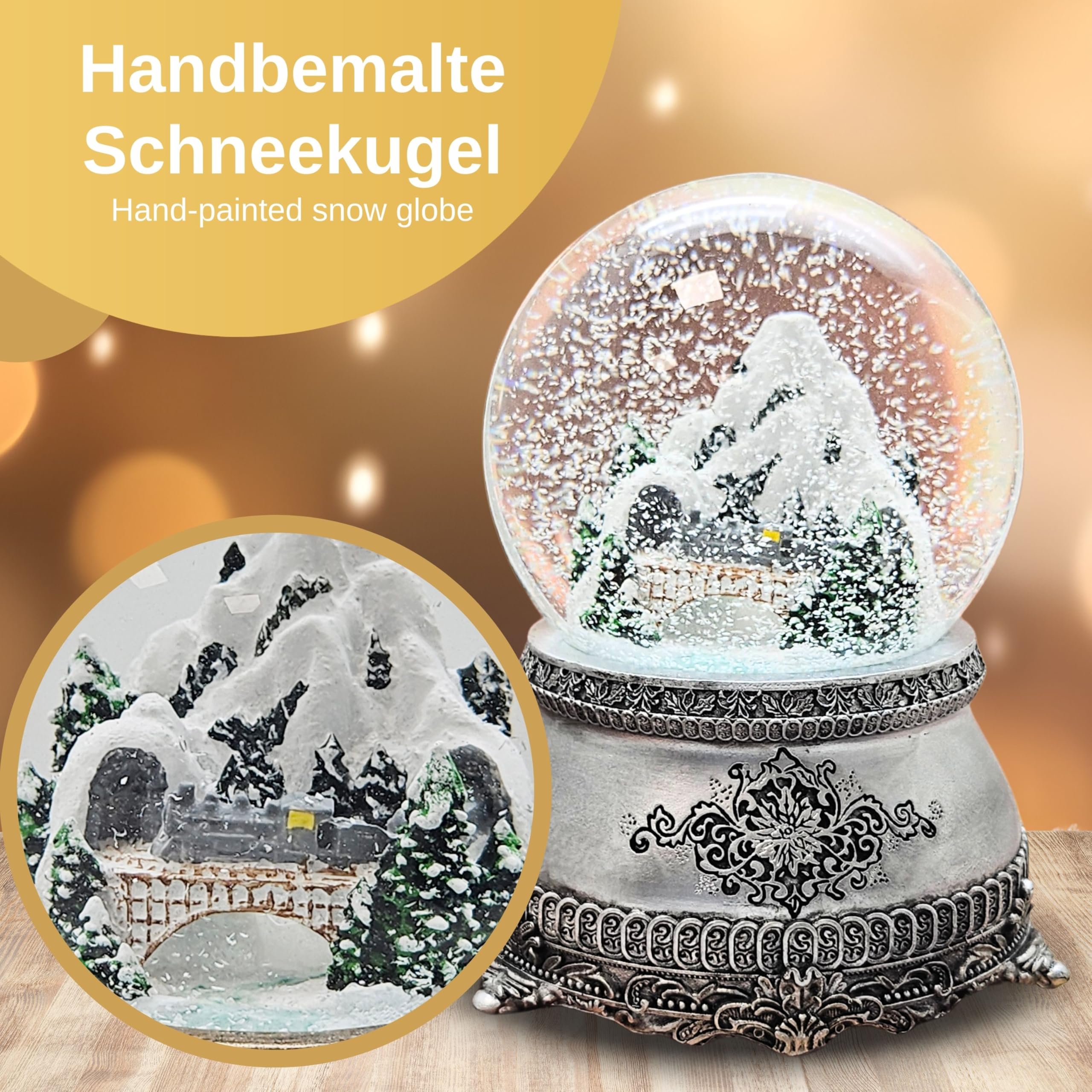 Schneekugel Berglandschaft mit Brücke | Sockel Zinnoptik Ornamente | mit Spieluhr | Schüttelkugel Weihnachtsdekoration | B: 10 cm H: 14 cm | 20255