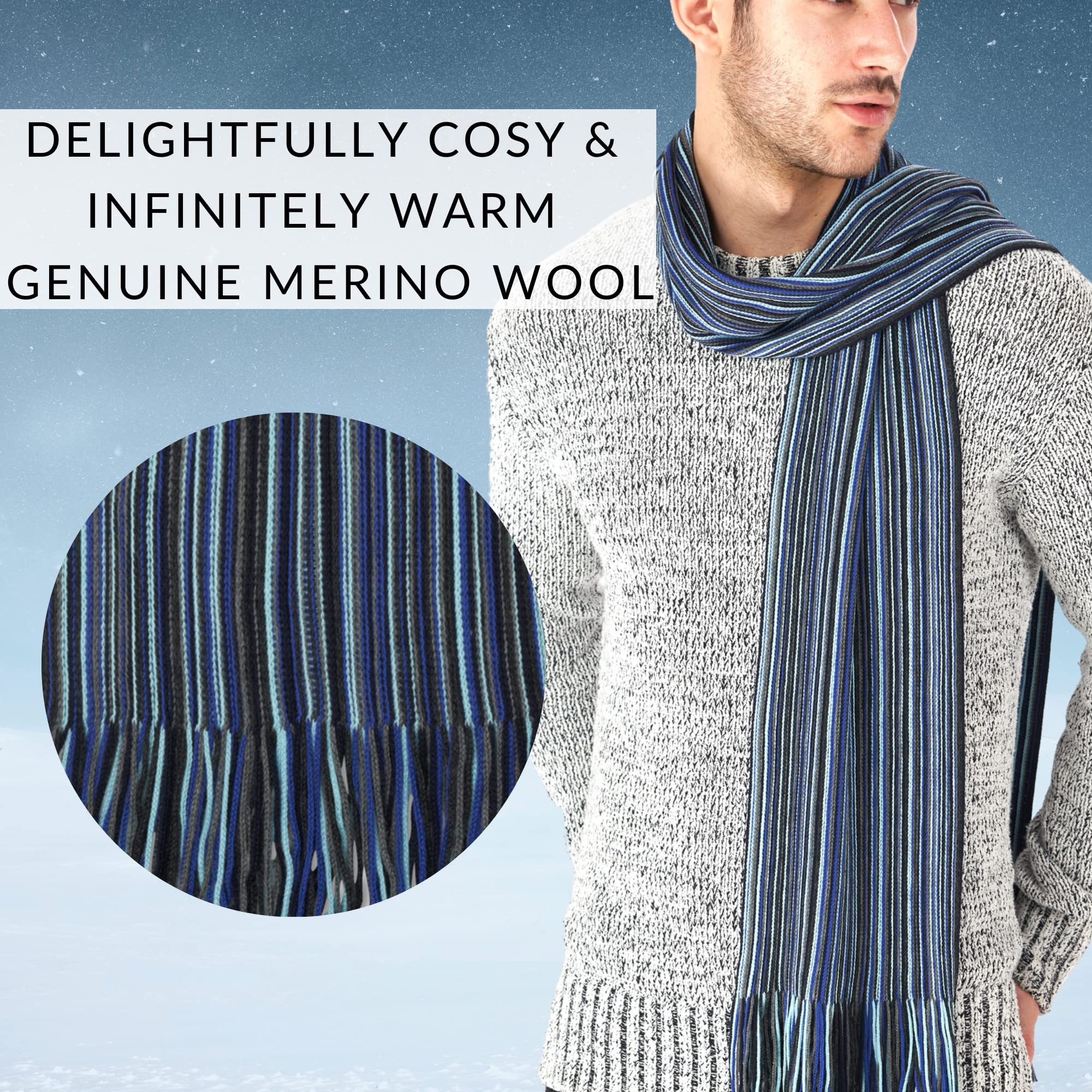 LOVARZI Sciarpa Uomo in Lana Merino Extra Fine - a Righe per l'Inverno | Lana Merino Extra Fine, Morbida e Calda, Ideale come Regalo Invernale per Uomo, Motivo a Righe Classico