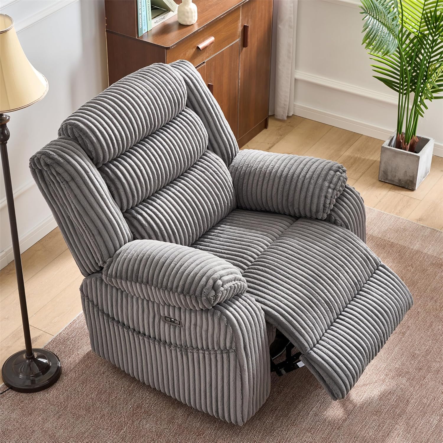 Corduroy Swivel Rocker Recliner with Heat and Massage, Power Rocker Recliner Chair, 26inch Extra Wide Seat, USB & Type C Charging Port, 270° Swivel Glider Recliner for Living Room, Nursery