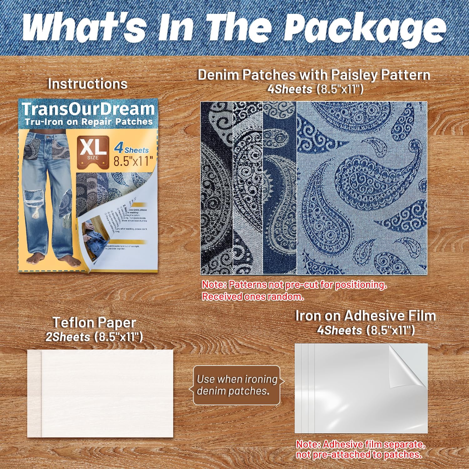 TransOurDream Tru-Iron on Patches for Jeans(8.5x11”, XL), 100% Cotton Jean Patches with Paisley Pattern, Extra Large Denim Patches for Clothes Repair and Decorating, Inside & Outside Use(4Pcs 2Colors)