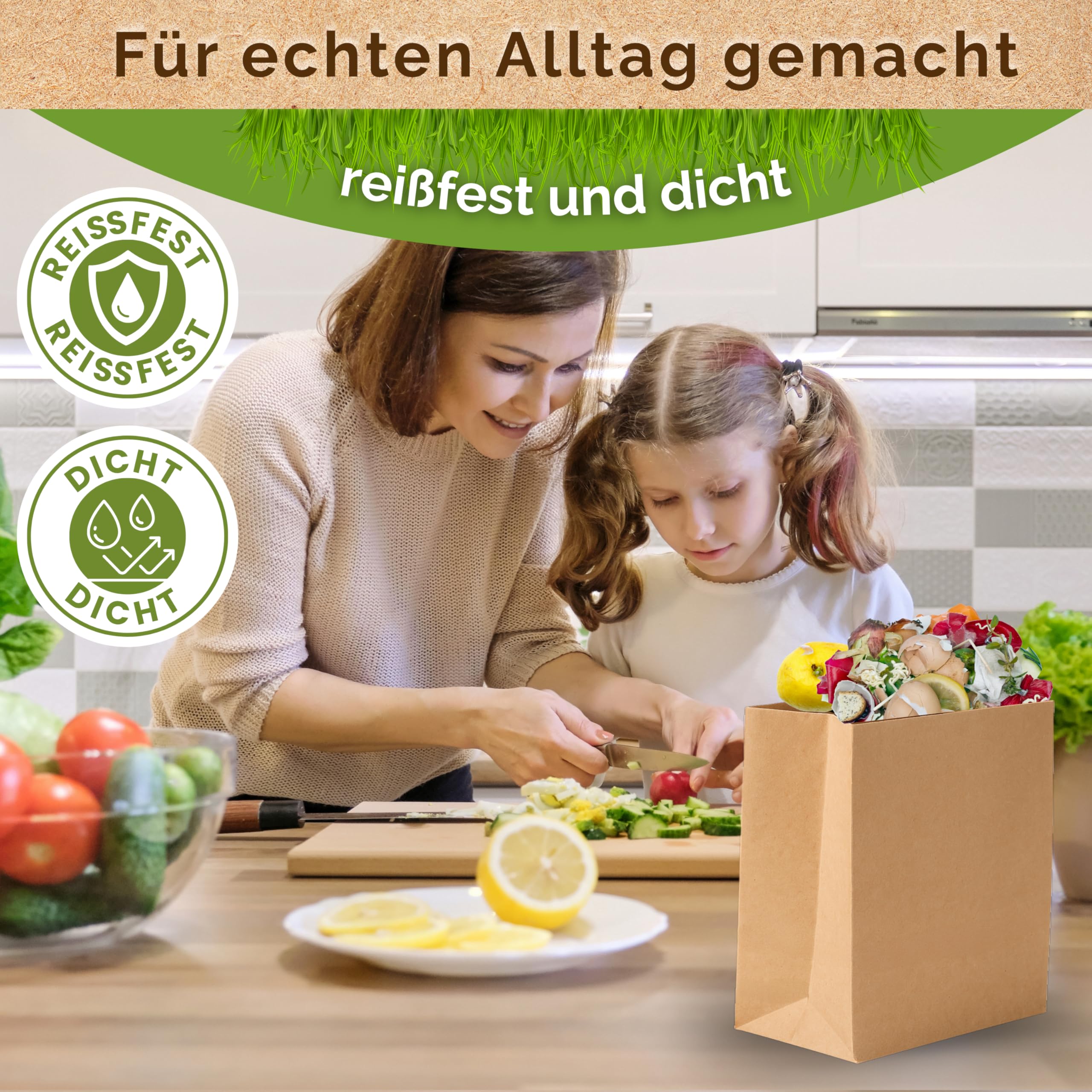 Premium Biomüllbeutel 20L - 50 Stück Bio müllbeutel Extra reißfest &Nassfest Biomülltüten Papier für Küche Biomülleimer & Biotonne | Papiertüten plastikfrei, umweltfreundlich & kompostierbar