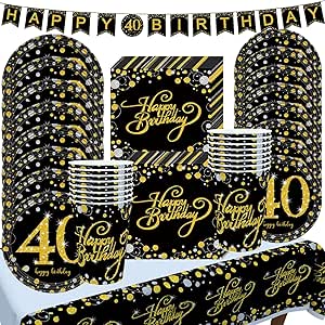 Kit Décoration 40 Ans Anniversaire - 16 Pièces Assiettes, Gobelets, Serviettes, Nappe, Bannière, Ballons Noir Et Or