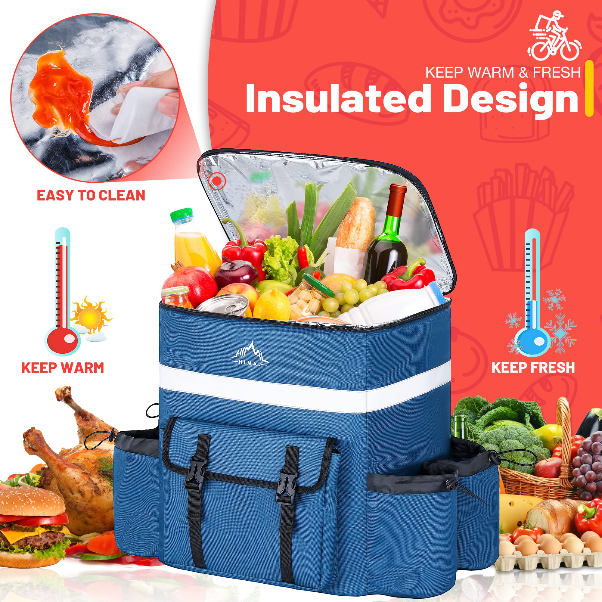 GoHimal Mochila de entrega de alimentos, bolsas de entrega aisladas para bicicleta de parto, bolsa grande para entrega de pizza para calor/frío con 4 bolsillos, tira reflectante para Uber Eat, camping