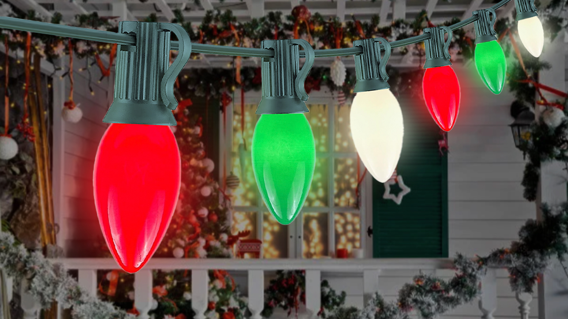 Image of 25FT C7 Christmas Lights Outdoor, Red Green White 3-Color LED String Lights for Roof, Fence, Tree, Wedding, Party, Patio, Bright Holiday Decor