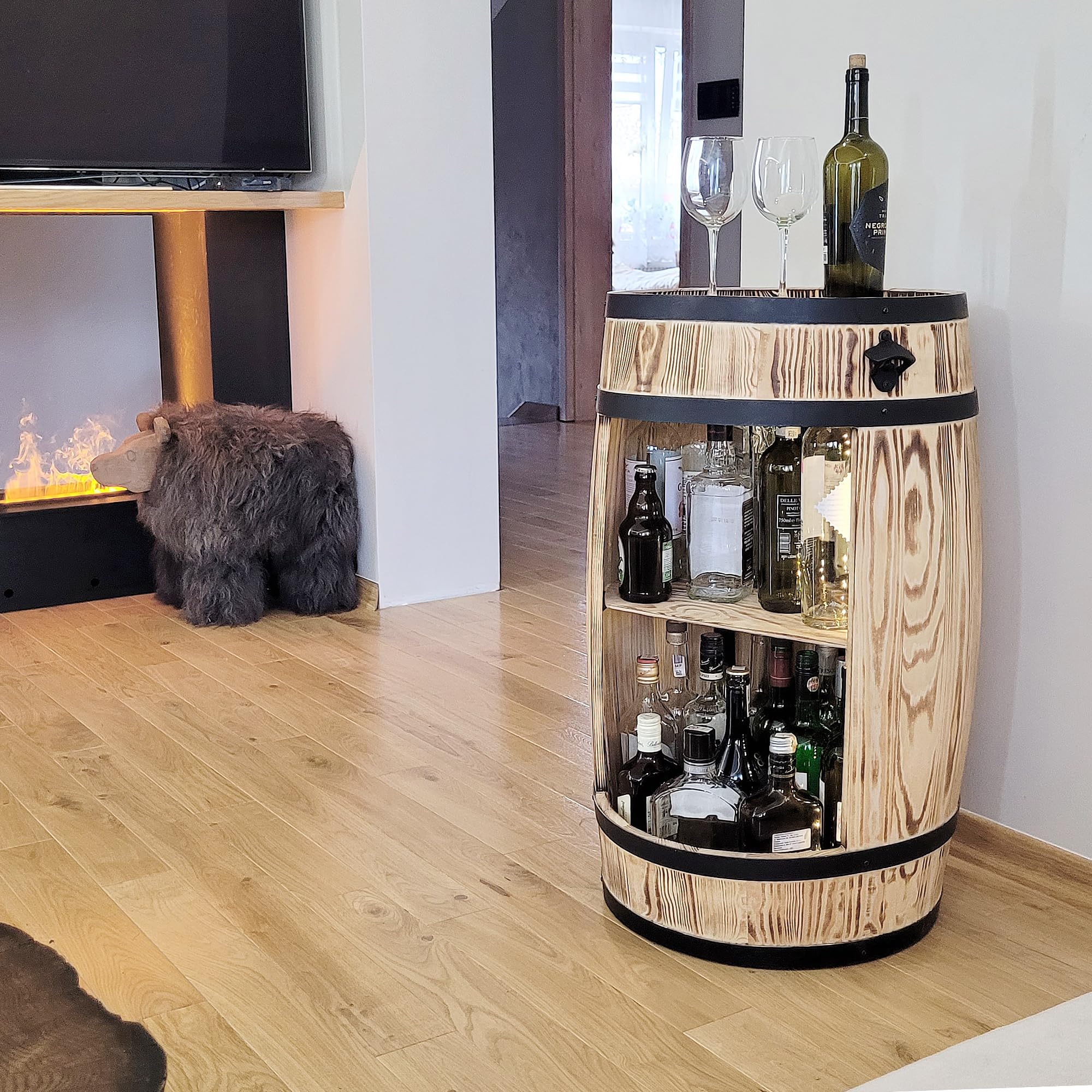 weeco Barile in legno con luci a LED – Armadietto da bar – Barile per vino – Armadietto per vino in stile retrò – Bar in botte di legno – Barile di vino bar 80 x 50 cm