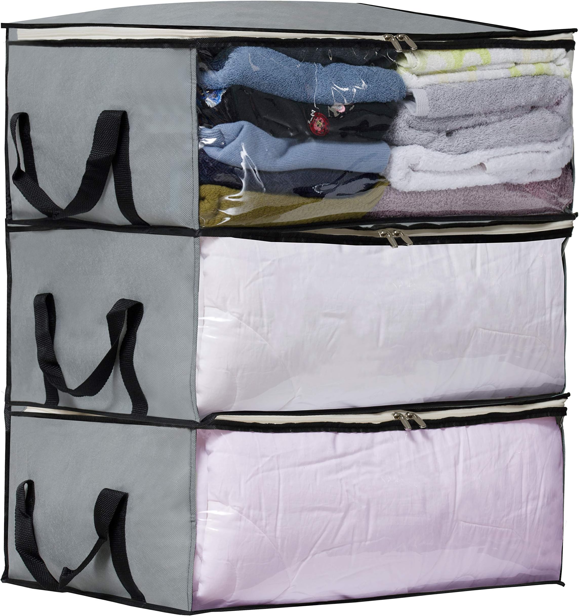 Storage Bag Organizers, Clothing Storage Containers for Clothes, Sweater, Blanket, Pillows, bedding in Bedroom, Closet, 3 Piece Set(Grey)