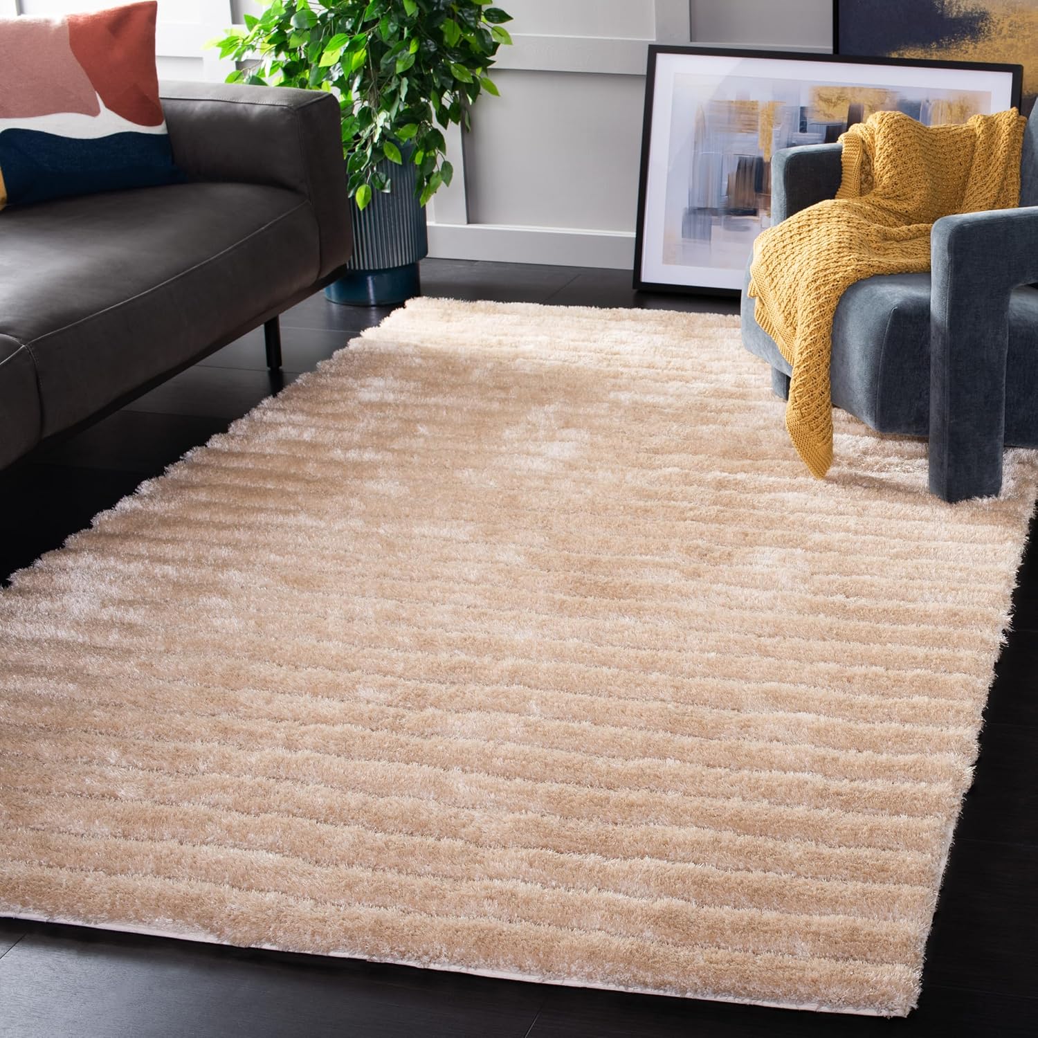 SAFAVIEH 3D Shag Collection Accent Rug - 3'6" x 5'6", Champagne, Handmade Modern Abstract, 1.25-inch Thick Ideal for High Traffic Areas in Entryway, Living Room, Bedroom (SG554B)