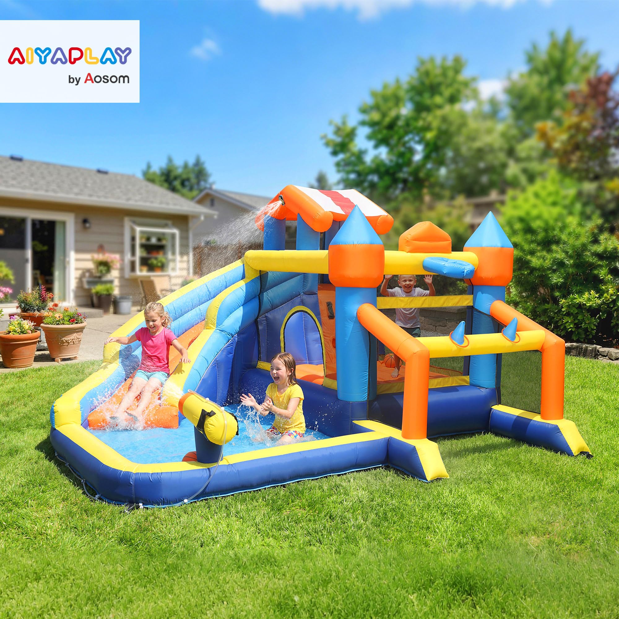 AIYAPLAY Château Gonflable avec souffleur 8 en 1 Parc Aquatique avec Toboggan, Trampoline, Piscine à balles, But de Football, Mur d'escalade, Panier de Basket, Jeu d'anneaux 350x325x210cm