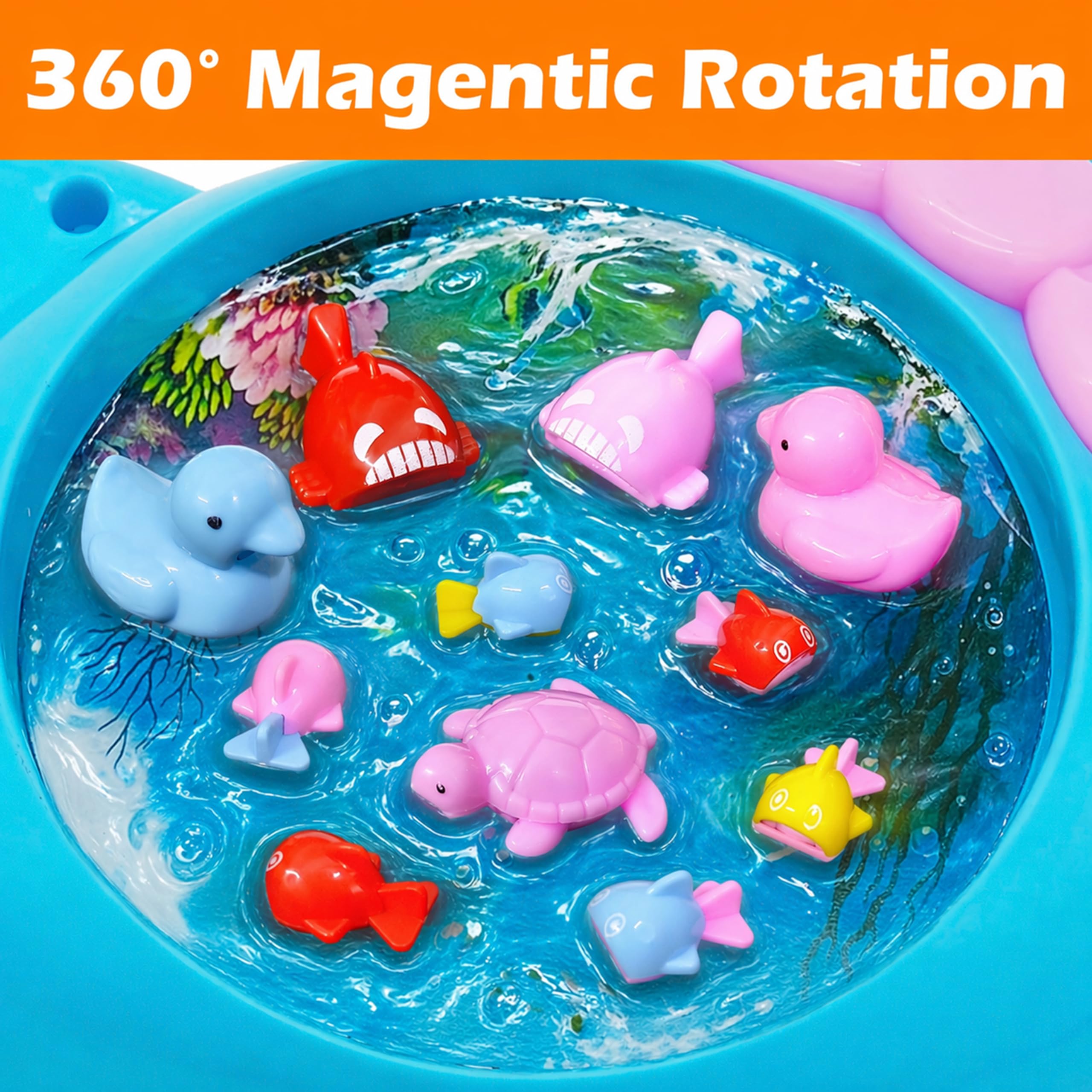 VGRASSP Real Water Pond Kitty Shape Fishing Game Toy for Kids - Rotating Colorful Fish Catching Activity Playset with Rods, Light & Music Interactive Set for Boys Girls - Multicolor