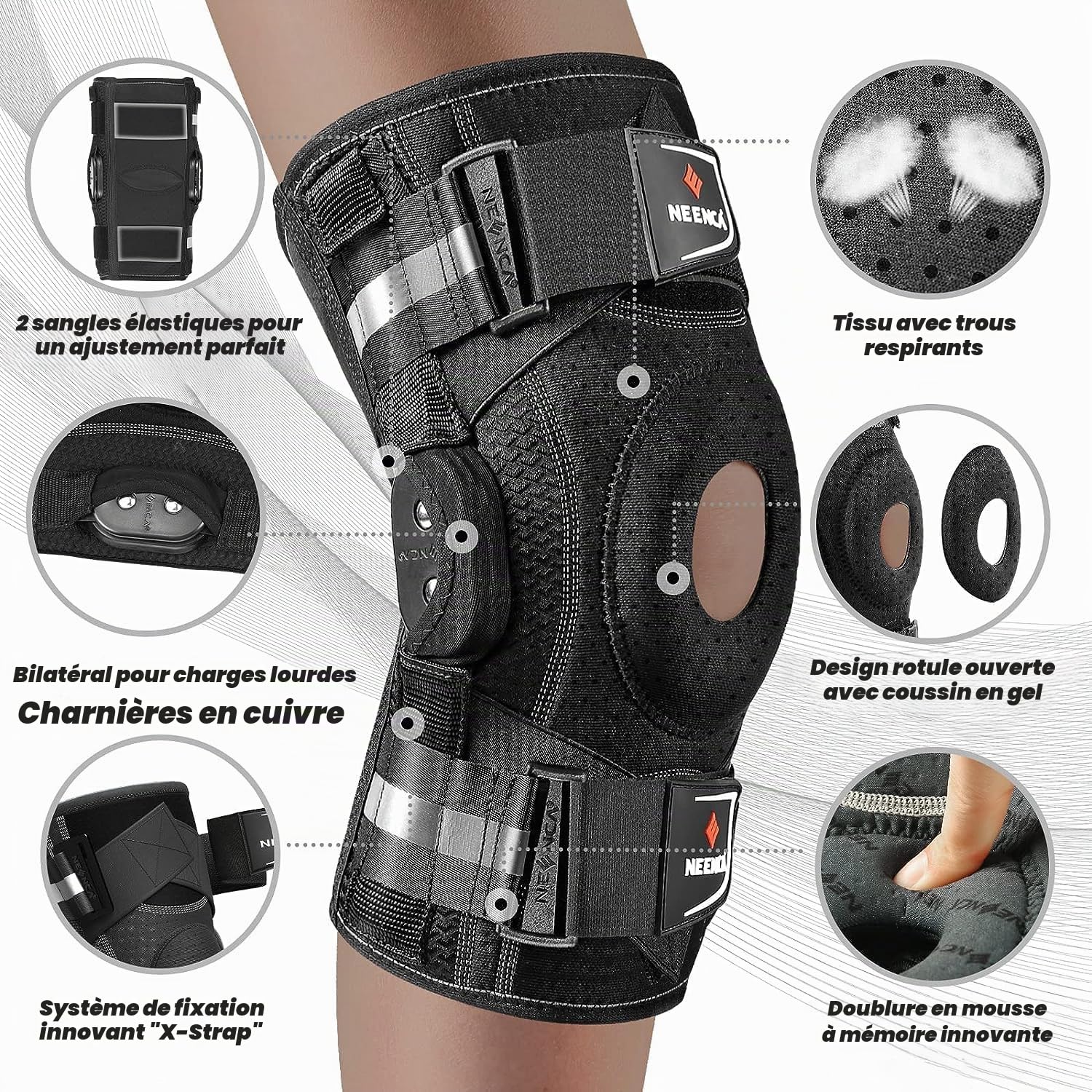 NEENCA Genouillère pour douleurs au genou, genouillère articulée réglable avec système de fixation breveté X-Strap, forte stabilité pour soulager la douleur Jonit, l'arthrite, la déchirure du ménisque