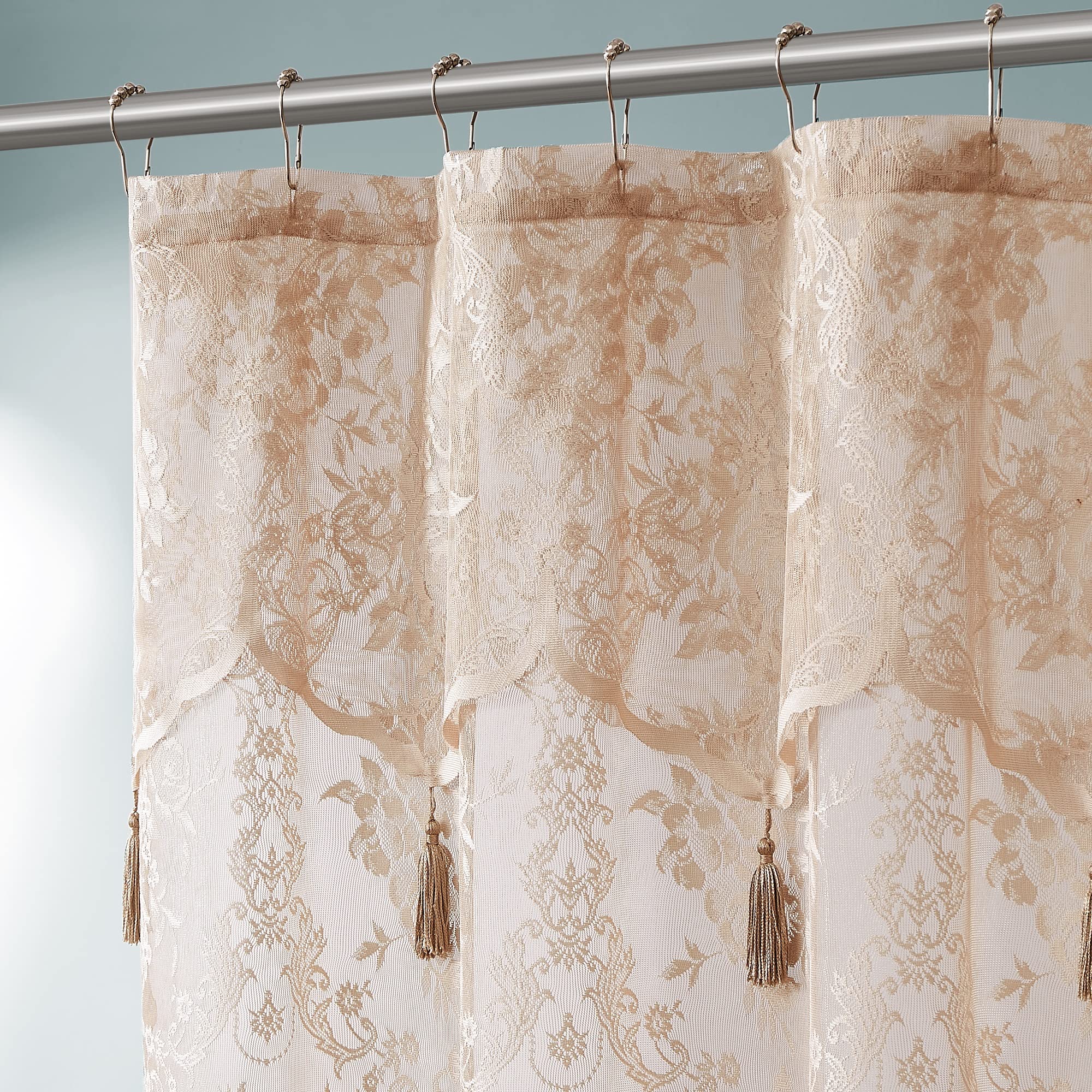 Warm Home Designs Tenda da doccia in pizzo color oro, 72 x 72 cm, con mantovana attaccata e 7 nappe. Tende da doccia di lusso per il bagno o per la doccia Boho per il bagno. LA Linen 183 cm