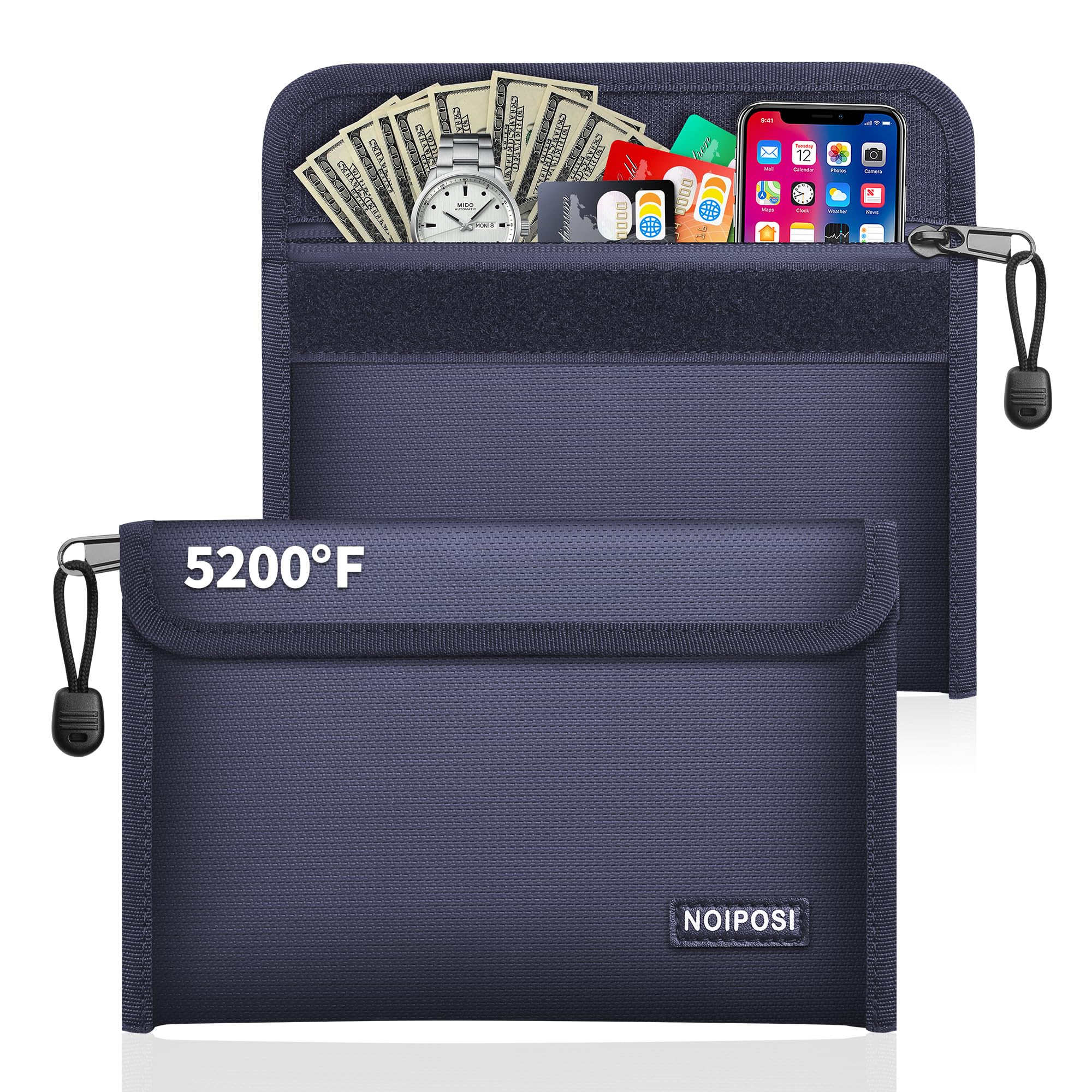 Noiposi 2-Pack Fireproof Bags (21,5x14 cm, 5200℉), 8-Layer Thermal Insulation Fireproof Cash Bag with Card Slot, Fire Proof Money Bag for Cash, Receipts, Bills, Passport(Blue)