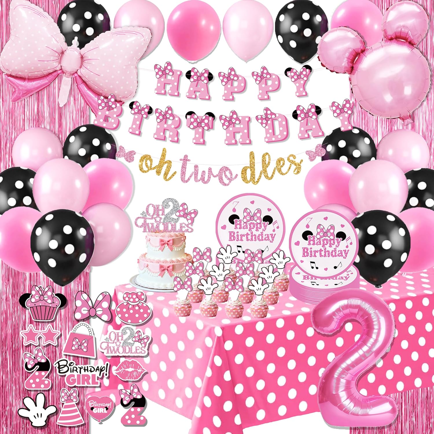 Pink Cartoon Mouse 2nd Birthday Decorations Girl - 60Pcs Oh Twodles Party Supplies with 2 Banners, 2 Foil Curtains, Number 2 Balloon, Tablecloth, 12 Plates for Second Bday Photo Prop