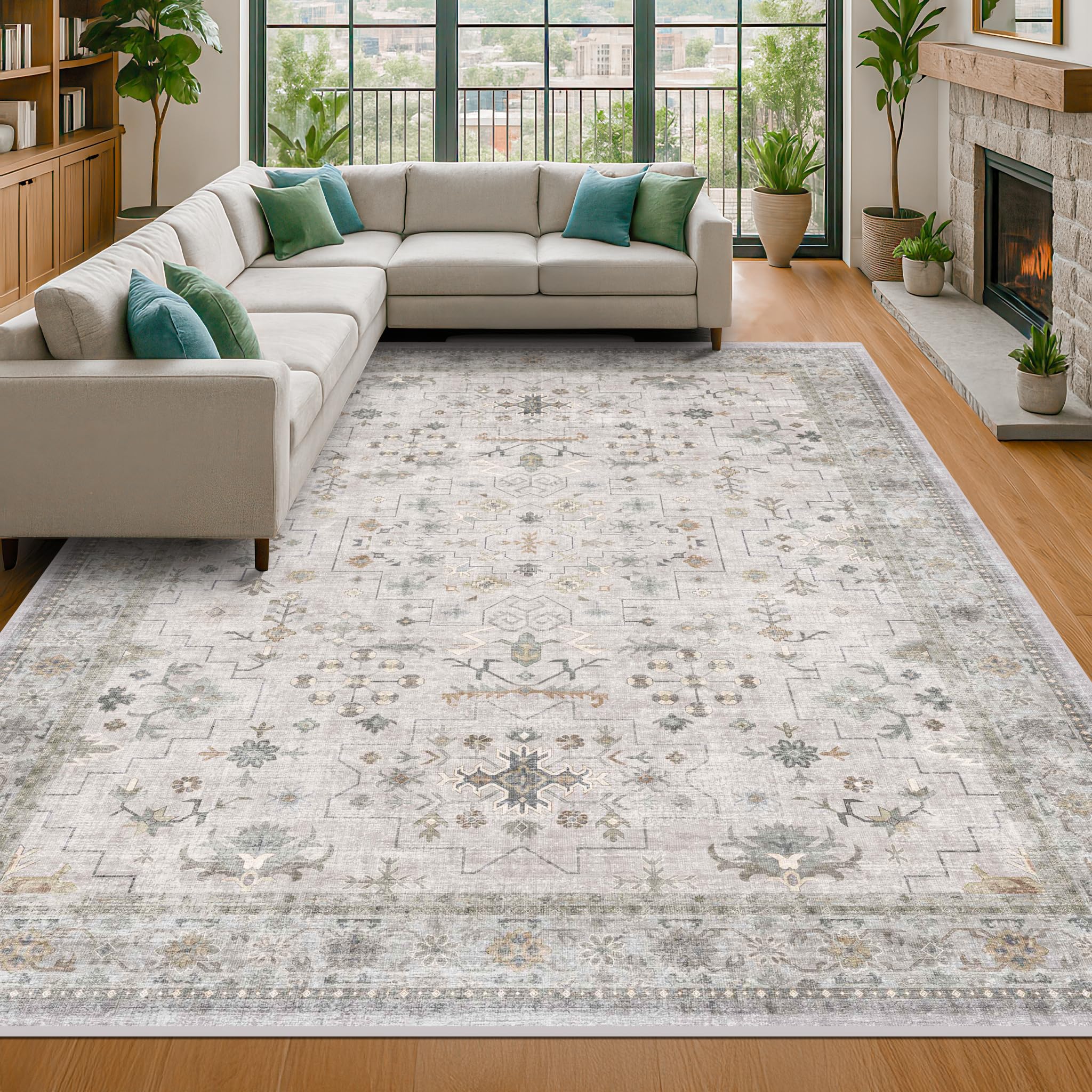 Hazo Haus Boho Light Grey Living Room Rug 8x10 - Modern Vintage Eclectic Floral Pastel Neutral Taupe, Washable Low Pile Non-Slip Extra Large Area Rugs for Dining Under Table Bedroom Lounge
