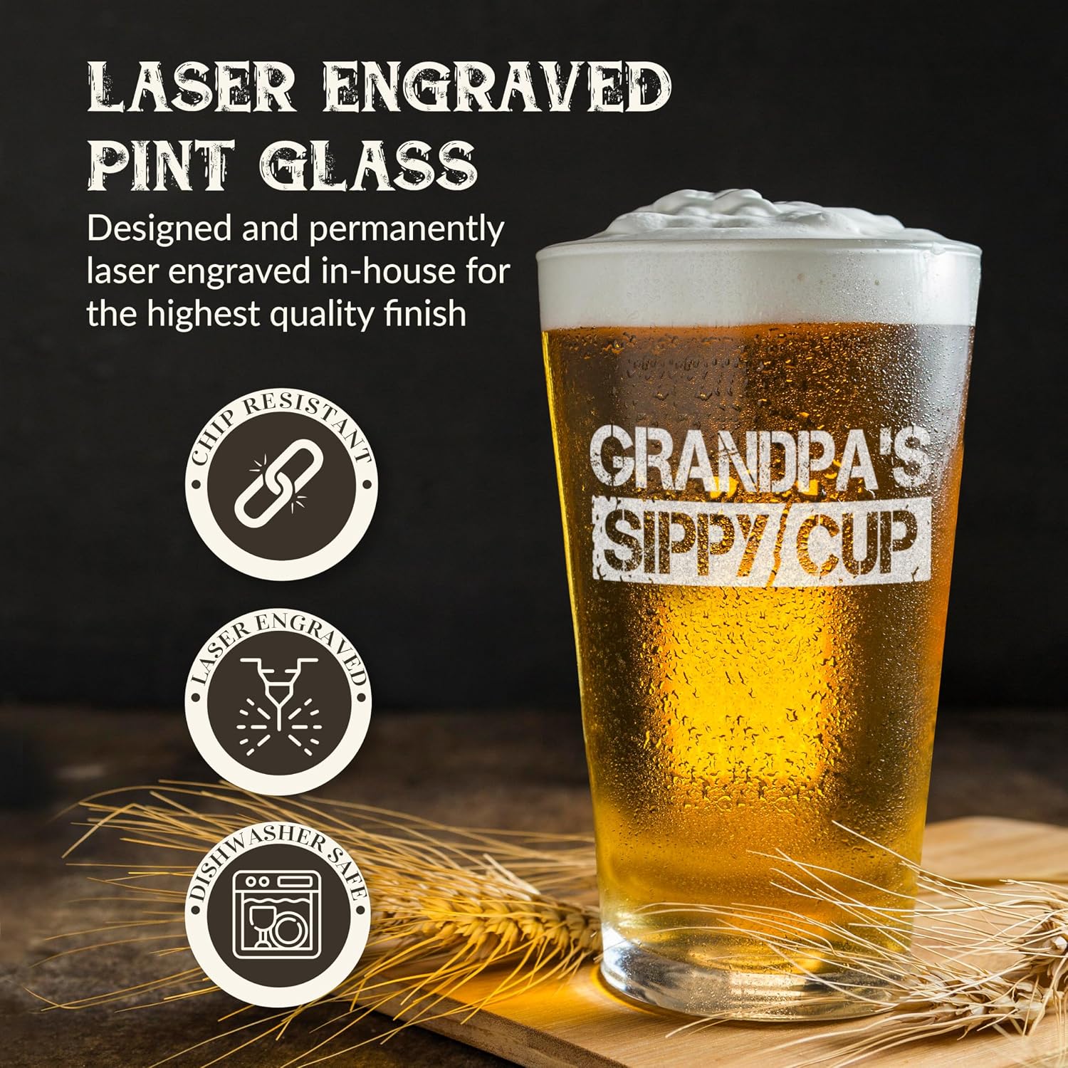 Grandpa's Sippy Cup Laser Engraved Beer Pint Glass 16 oz, Funny Gift