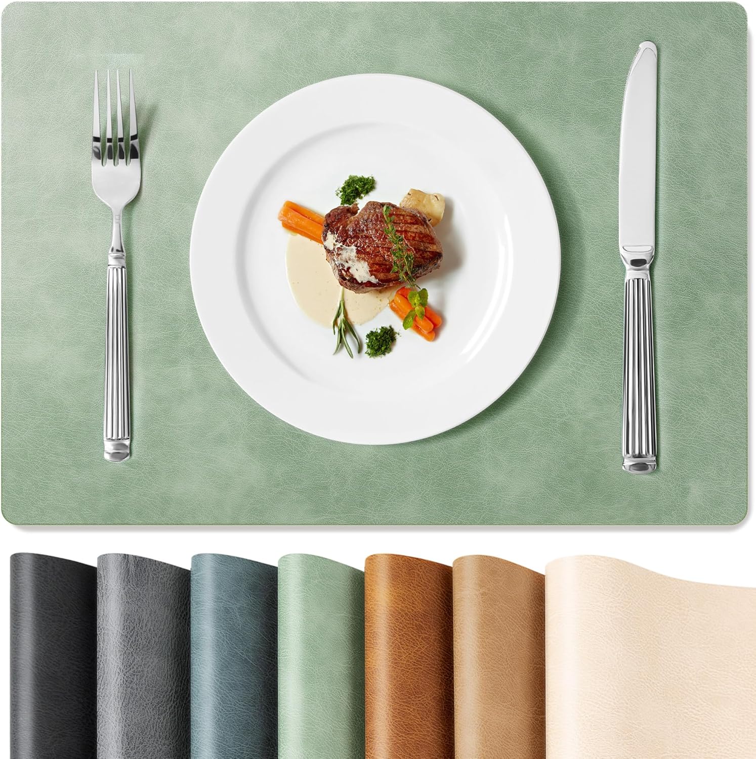 Roxifina Faux Leather Placemats Set of 6 - Vinyl Placemats Wipeable Waterproof Oil-Proof PU Place Mats Heat Resistant Reversible Table Mats for Dining, Kitchen, Outdoor, 12 x 17 Inch (Green)