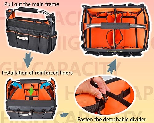 Miniatura 8 de Bolsa de herramientas para electricista de 12 pulgadas, poliéster balístico 1680D, 34 bolsillos, parte superior abierta, bolsas de herramientas