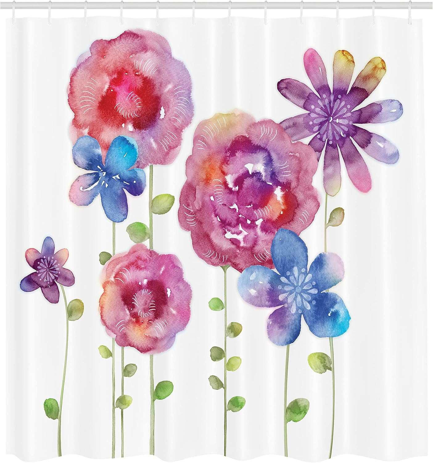 Ambesonne Flower Shower Curtain, Watercolors Illustration of Different Kinds of Flowers Boho Style Pattern, Cloth Fabric Bathroom Decor Set with Hooks, 69" W x 84" L, Pink Purple Blue