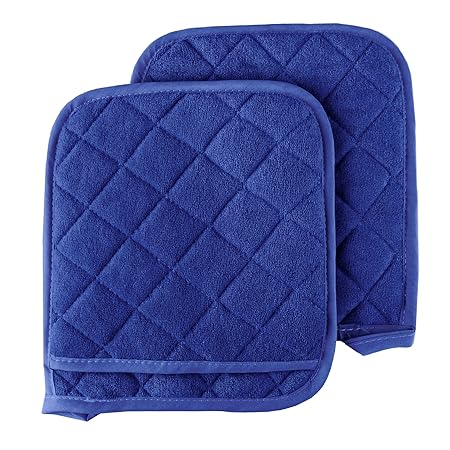 Pot Holder Set, 2 Piece Oversized Heat Resistant Quilted Cotton Pot Holders by Lavish Home (Blue)