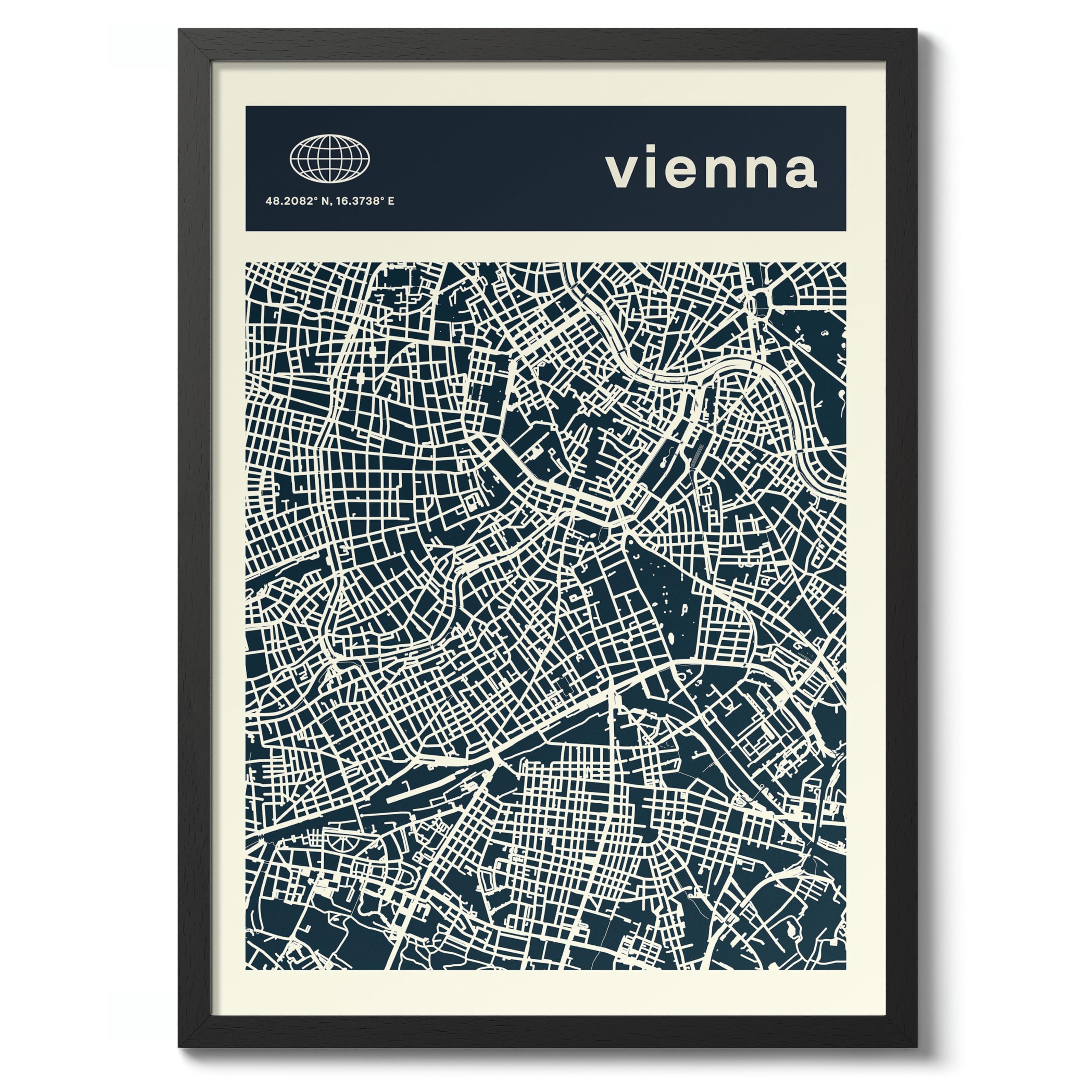 Vienna Minimalist City Maps Poster, City Coordinates Print, Landmark Apartment Home Decor, 50x70cm (Black Frame) - 53x73cm — image 1