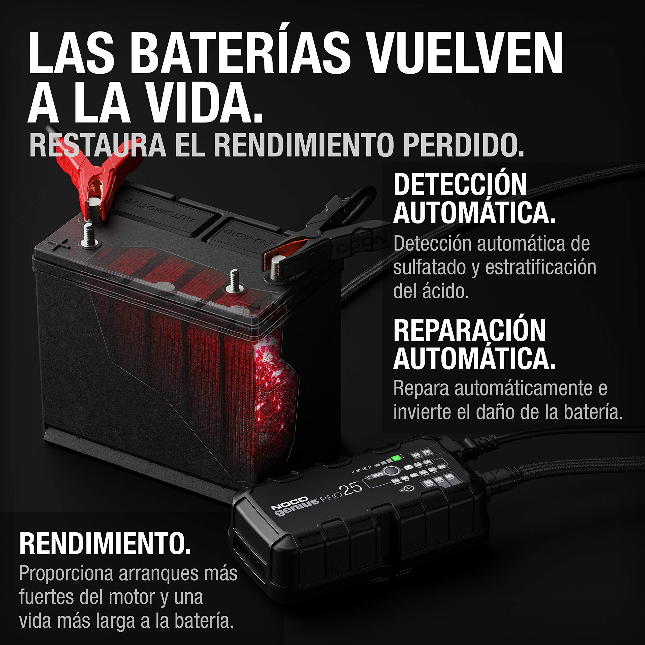 NOCO GENIUSPRO25: Cargador Profesional Inteligente de baterías 25A 6V/12V/24V – Mantenedor, desulfatador y Fuente de alimentación – Protección contra sobrecarga – para baterías de Plomo y Litio