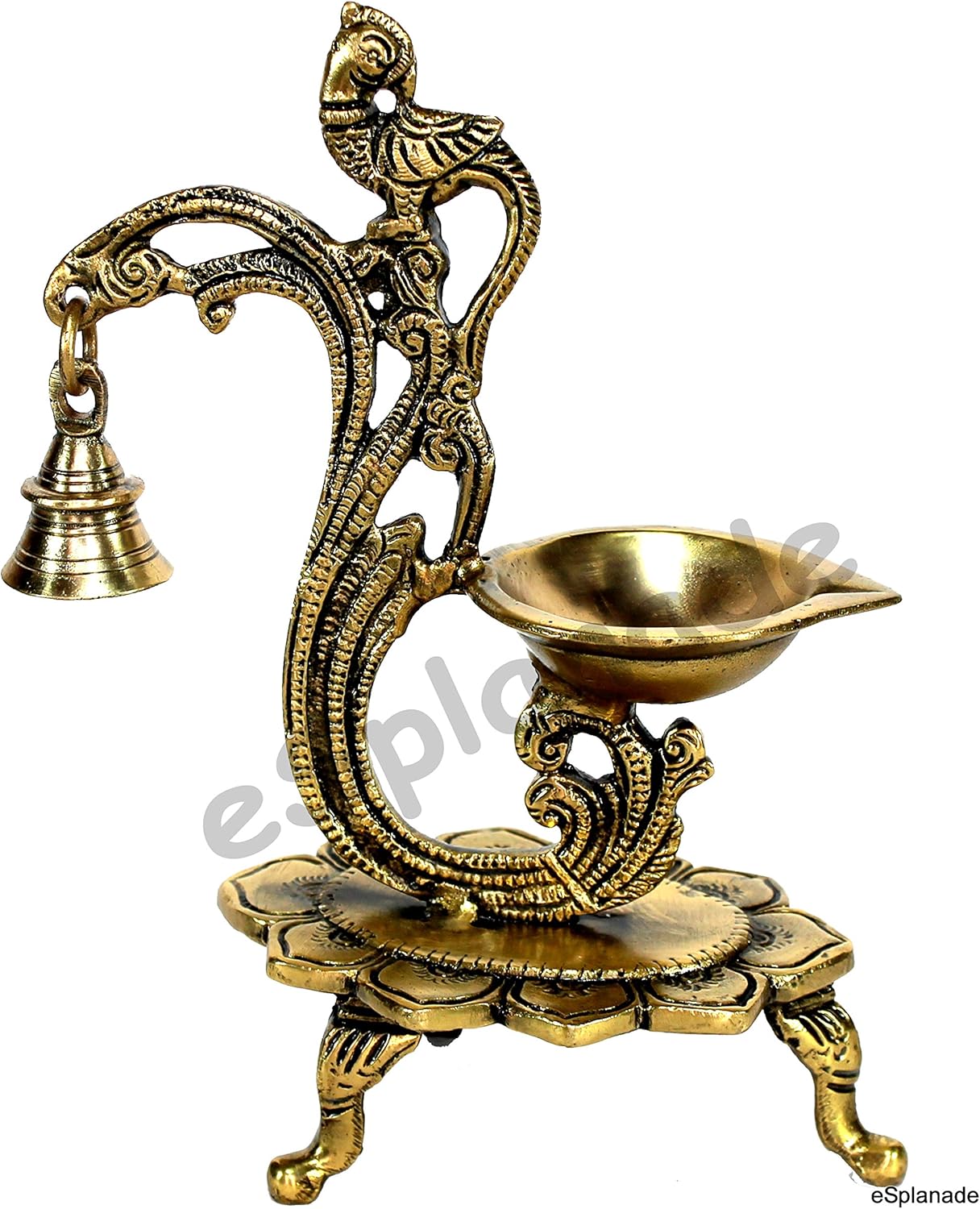 eSplanade - 8 - Peacock Diya with Bell - Lotus Shaped Round Brass Diya | Oil Lamp Deepam | Home Decor | Kuthu Vilakku | Oil Lamps for Home and Office