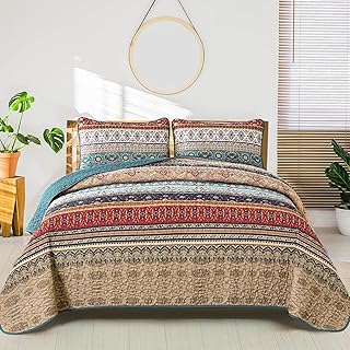 WONGS BEDDING Boho Quilt Set California King, Green and Brown Bohemian Striped Pattern Printed Quilt Coverlet, Lightweight Microfiber Bedspread for All Season 106
