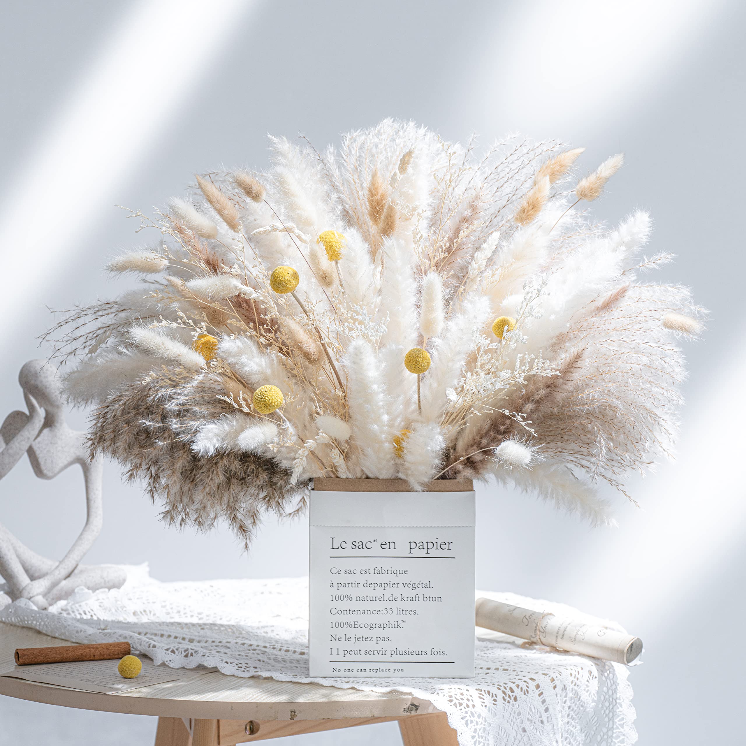 Natural Dried Pampas Grass Bouquet,Boho Home Decor Bouquet, Phragmites Dried Flowers,Bouquet for Wedding Floral Arrangements Home Decorations (125 Pcs + Paper Vase Set)