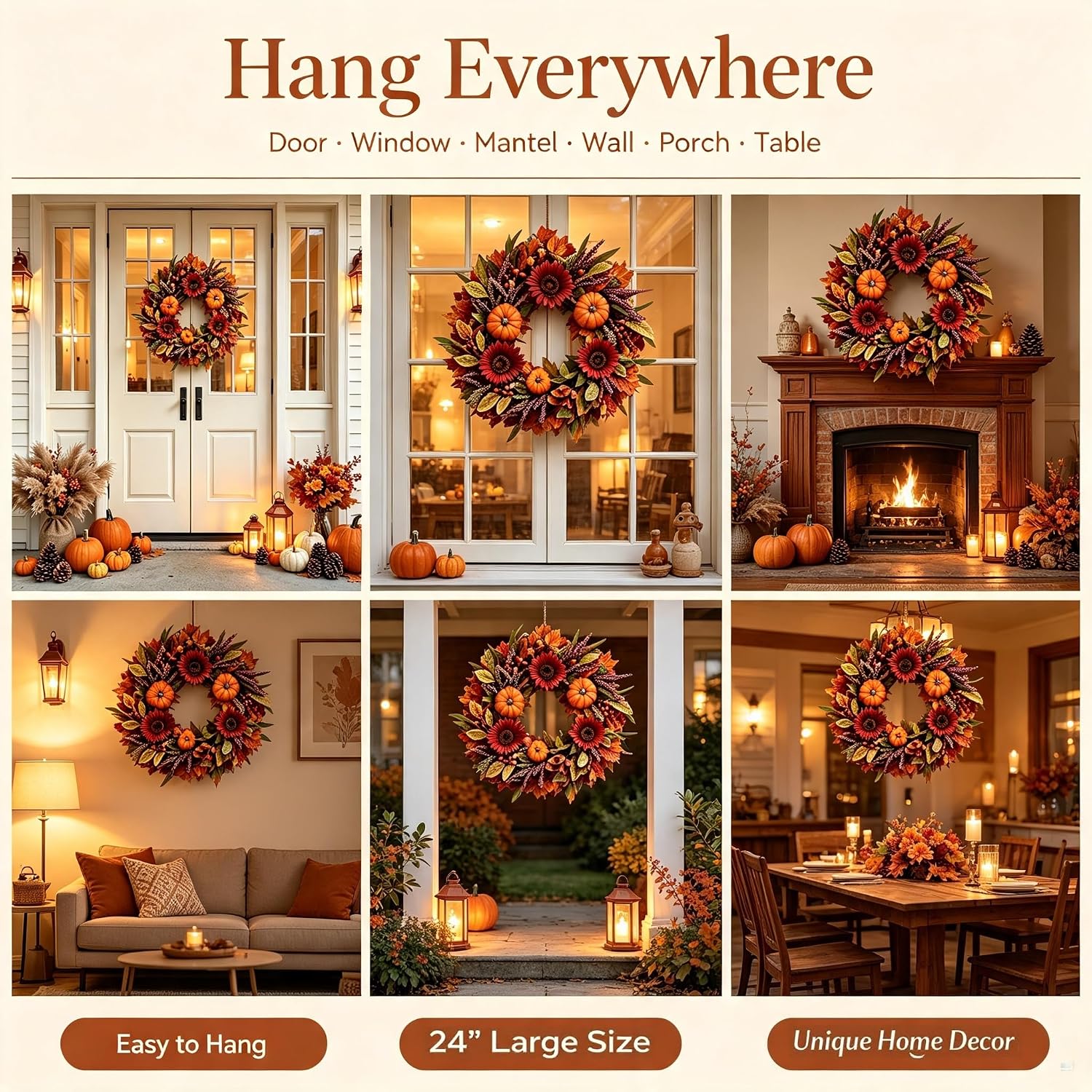 Fall Wreath for Front Door –24 Inch Autumn Wreath with Artificial Pumpkins image 2