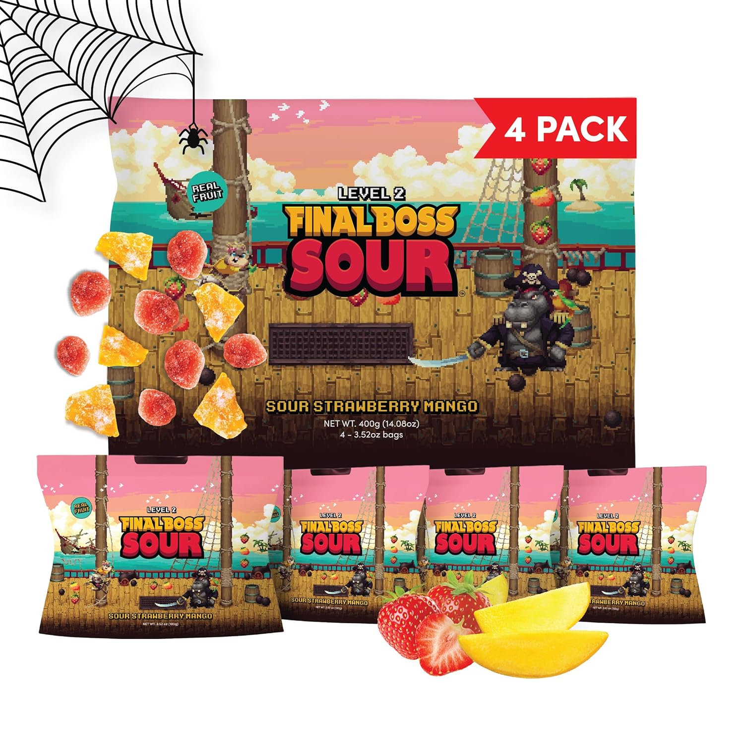 Final Boss Sour Candy, Chewy Dried Strawberry & Mango, 4 Pack, Level 2, Sour Fruit Chews with Real Dried Fruit, No Artificial Colors or Flavors, Low Calorie Snack for Kids, Teens, Adults & On The Go