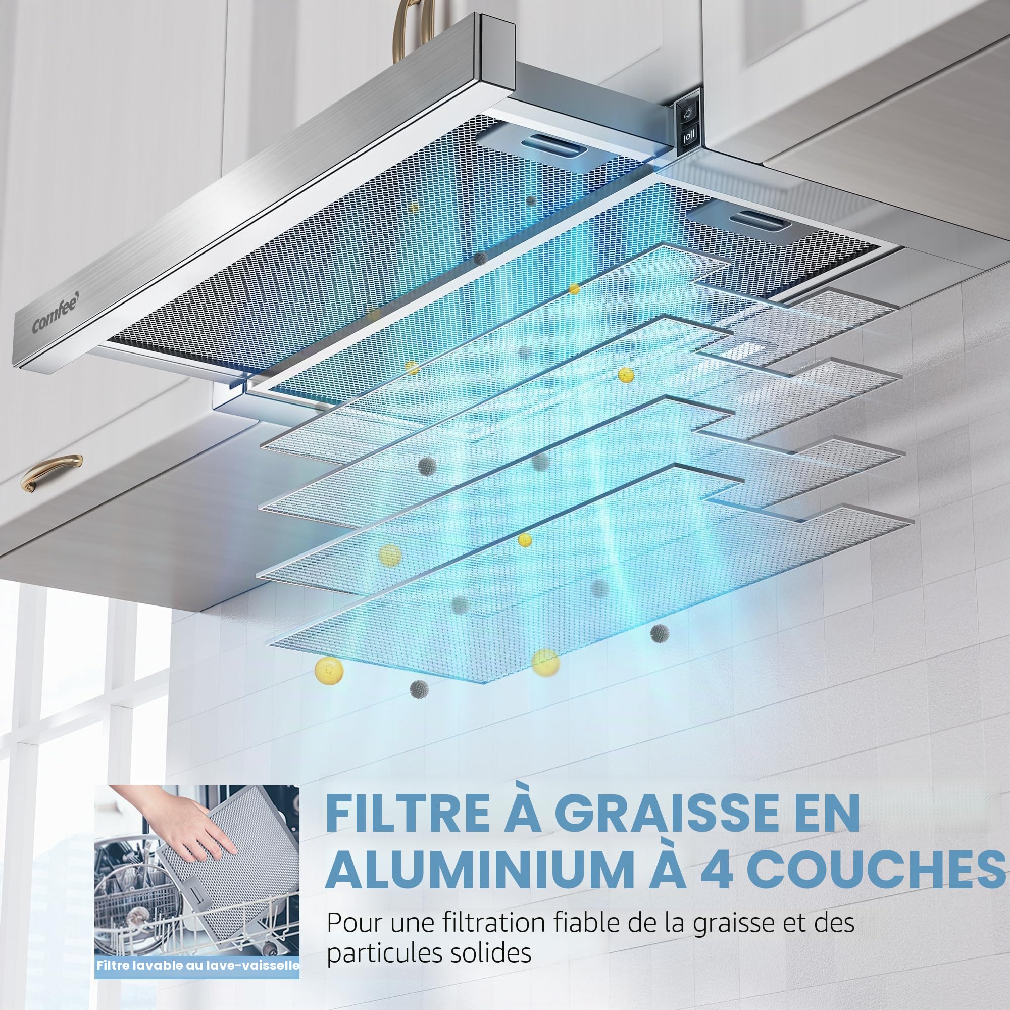 COMFEE ' CHL03M21S Hotte aspirante télescopique plate 60 cm, classe A+, système de recirculation, 400 m³/h, flux d'air, hotte aspirante intégrée, type plat, couleur argentée