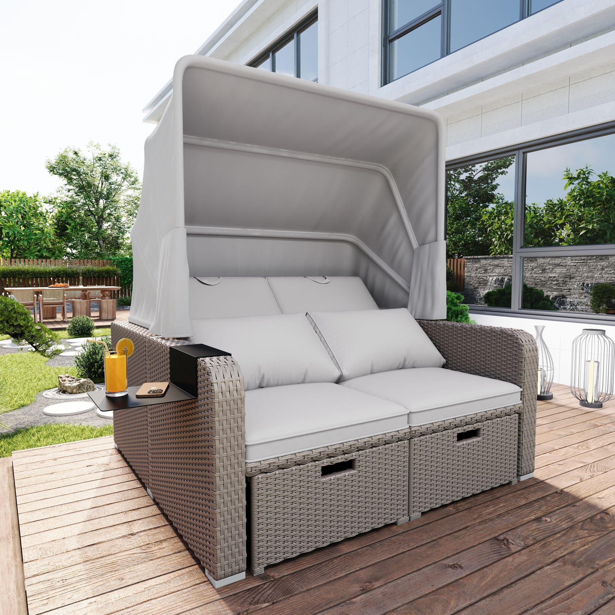 Muebles de jardín de polirratán para 2 personas, sofá de salón con toldo extraíble, sofá convertible en cama, para playa, jardín, fácil de montar (caqui)