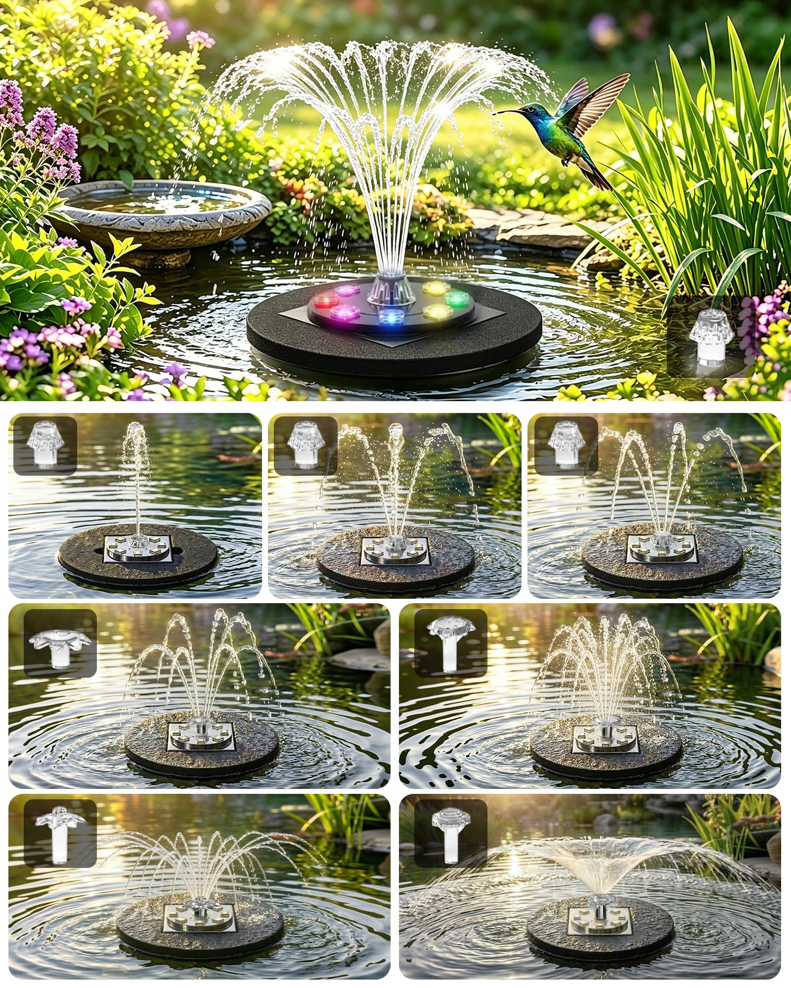 Pompa da laghetto solare 8W con batteria 1800mAh – Fontana solare per esterni per abbeveratoio per uccelli, piccolo laghetto e giochi d’acqua – 10 stili di zampillo e 8 LED colorati
