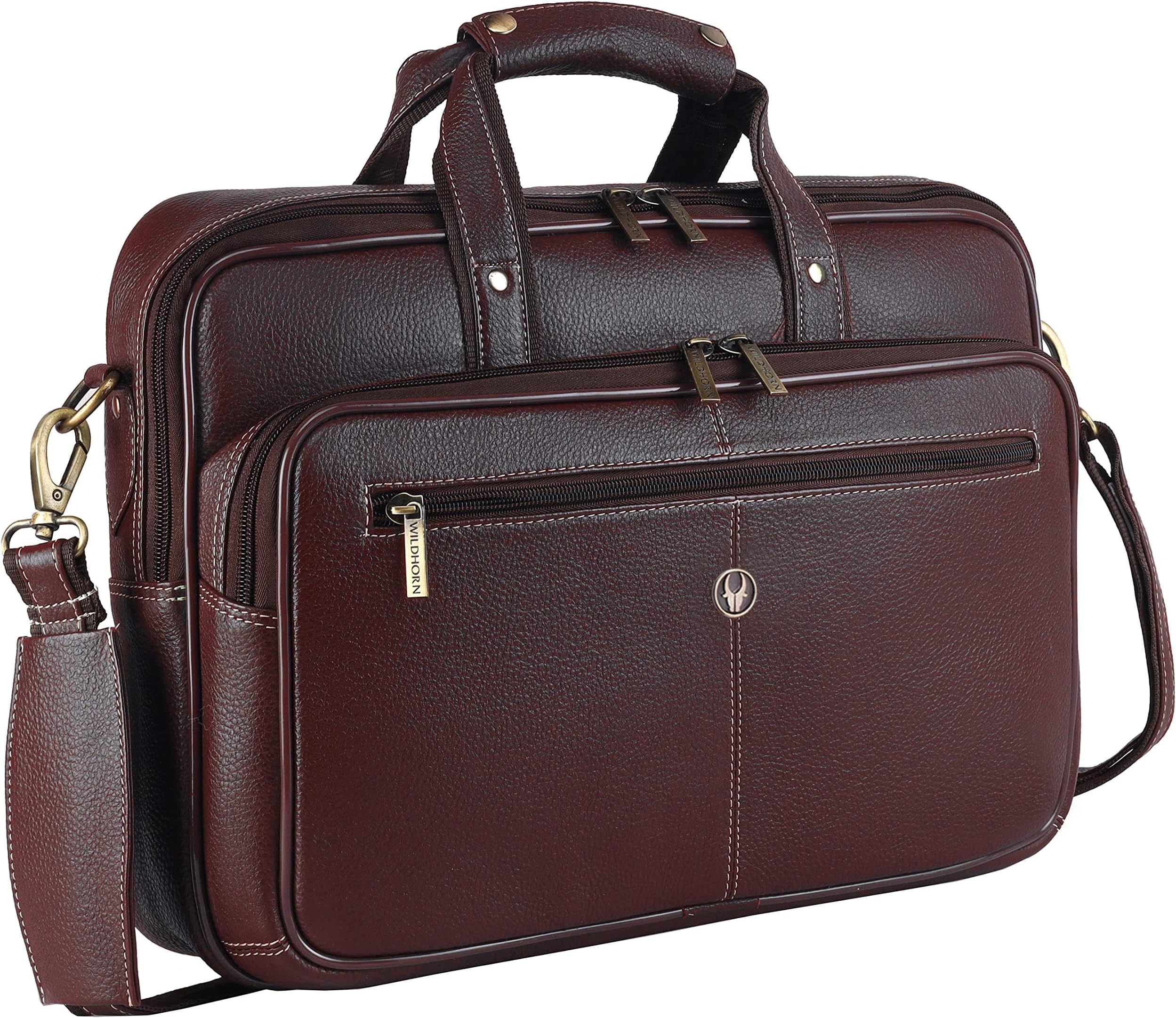 WildHorn Men's Leather Laptop Bag/Office Bag | Fits Upto 15.6 Inch Laptop/MacBook | Laptop Messenger Bag/Leather Bag I Dimension : L-16 inch W-4 inch H-12 inch,Brown