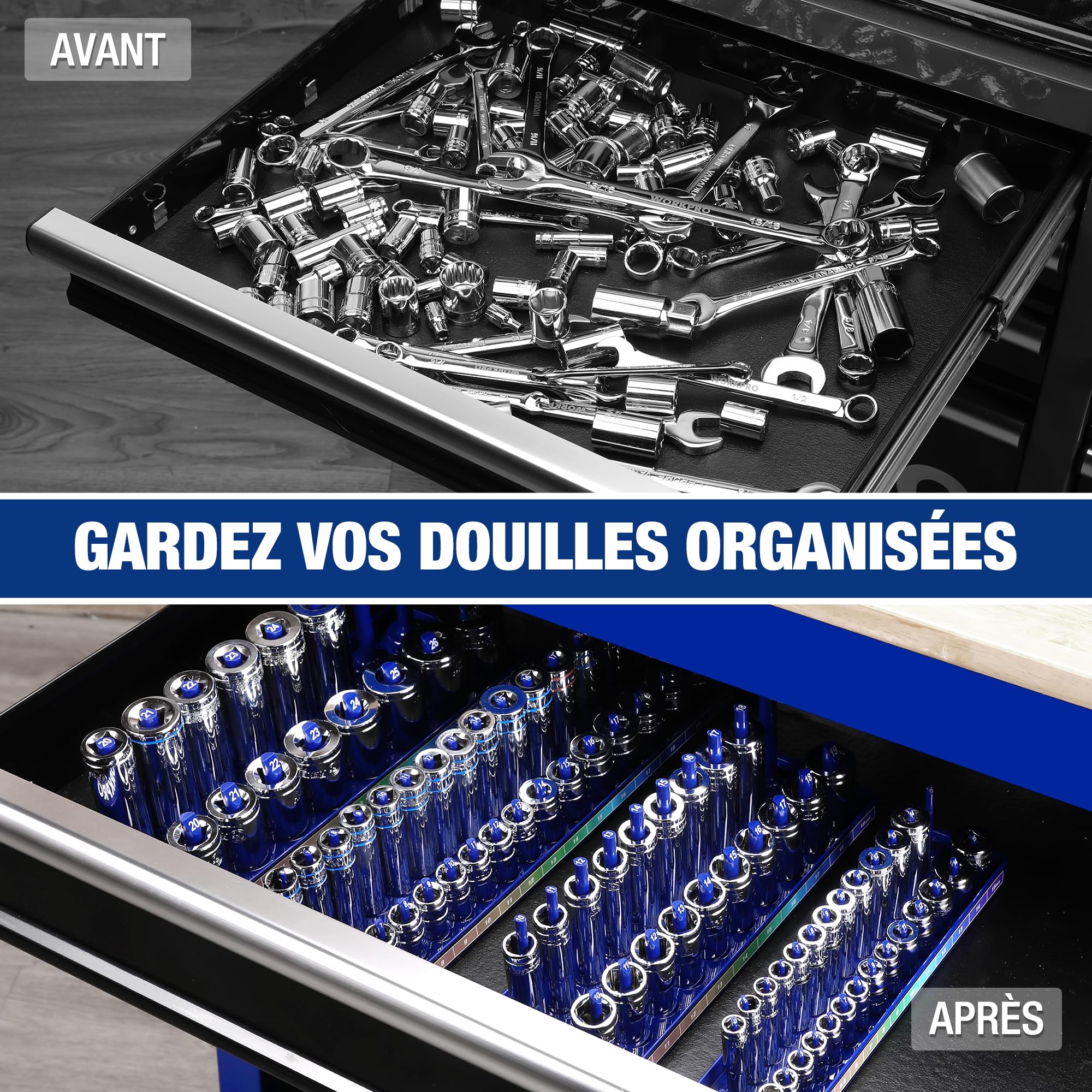 WORKPRO Kit d'Organisateur de Douilles 4 Pièces, 1/4", 3/8", 1/2" pour Douilles Métriques, Support de Rangement pour Douilles avec Plateau de Stockage, Porte-Douilles Shadow pour Organiser vos Outils
