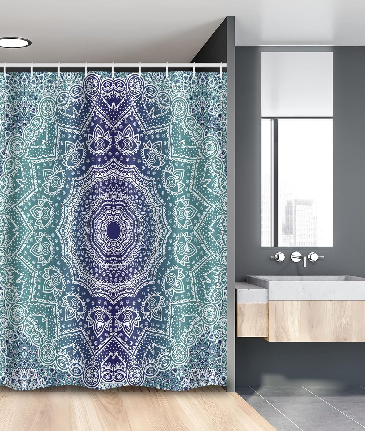 Ambesonne Navy and Teal Stall Shower Curtain, Cosmic Diagram Art Mandala Circle Ombre Art Illustration, Fabric Bathroom Decor Set with Hooks, 54" W x 78" L, Night Blue