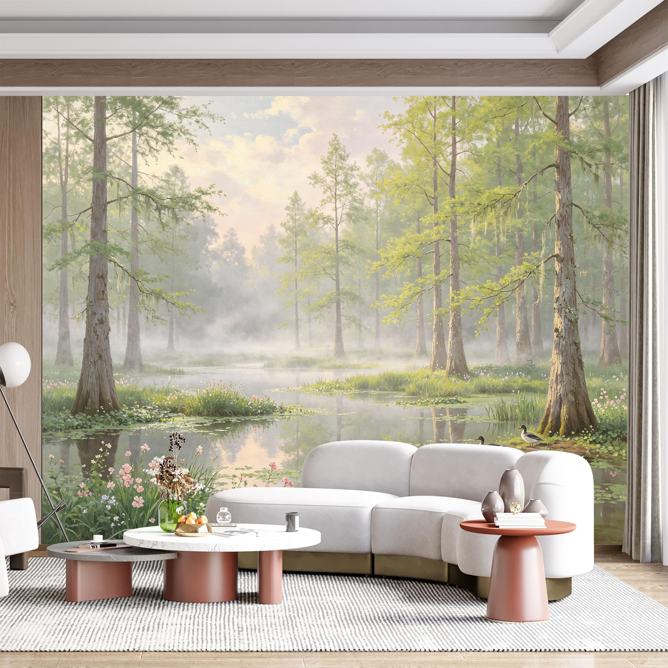Custom Size Wall Mural Misty Forest Lake Ducks Watercolor Landscape SelfAdhesive Wall Fabric Removable for Home Office Decor