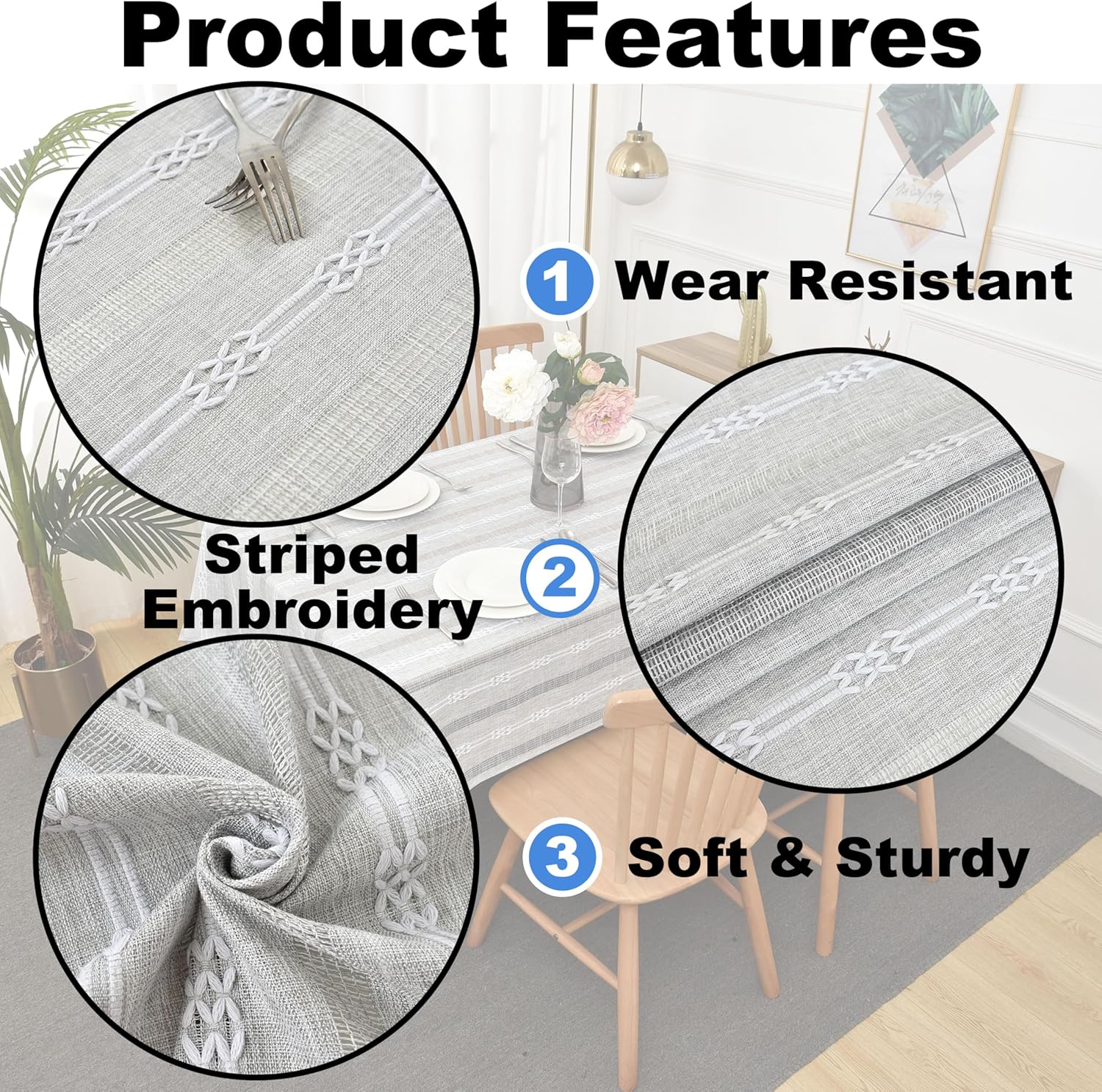 Farmhouse Striped Embroidery Oval Tablecloth, Openwork Heavy Weight Linen Wrinkle Resistant Table Cloth Dining Table Cover for Home Party Banquet Decor 60x84 Inch Grey