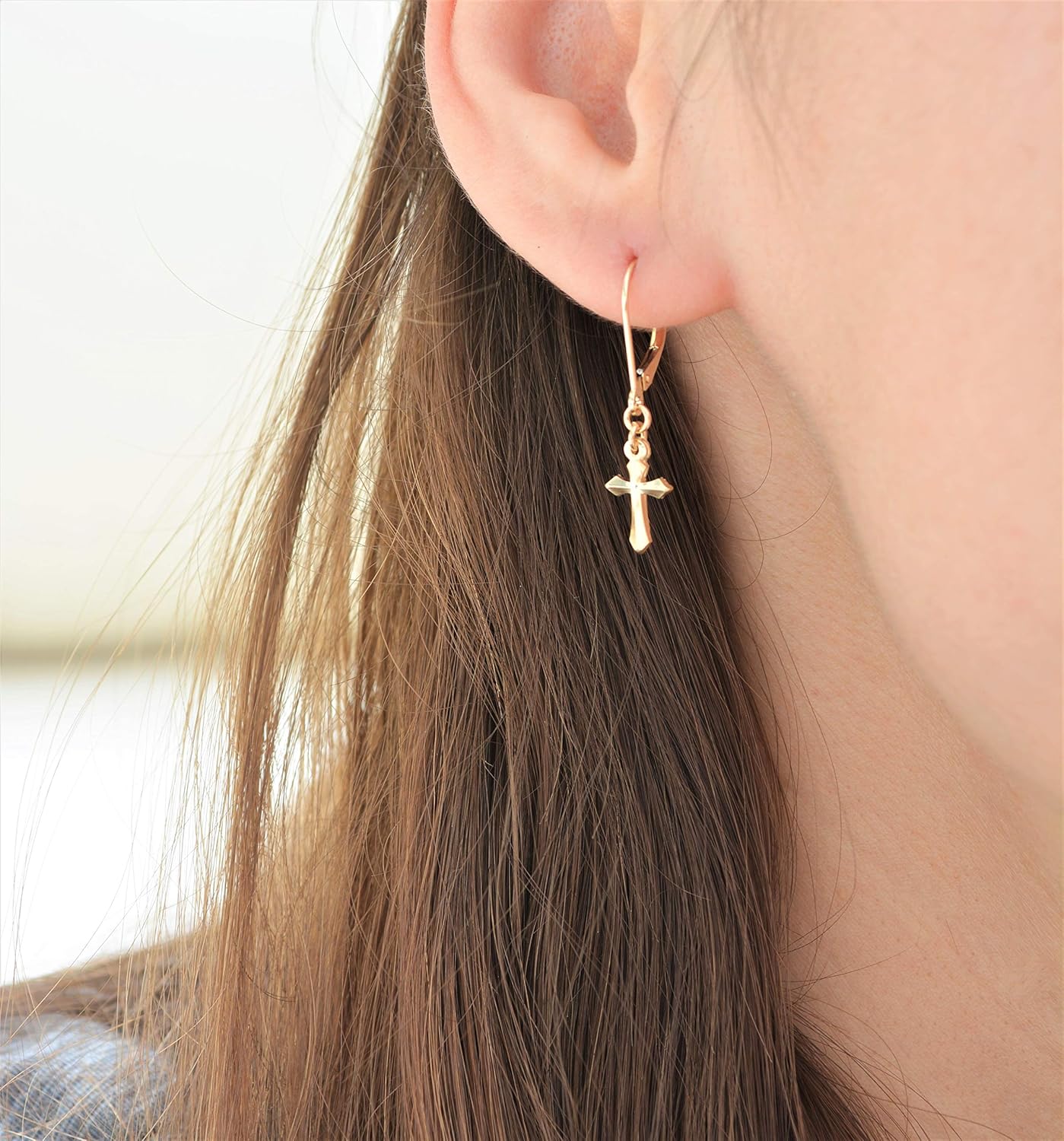 Small Dangle cross earrings solid 14K Gold or Sterling Silver, mens earrings/womens earrings – Handmade in the USA - Image 2