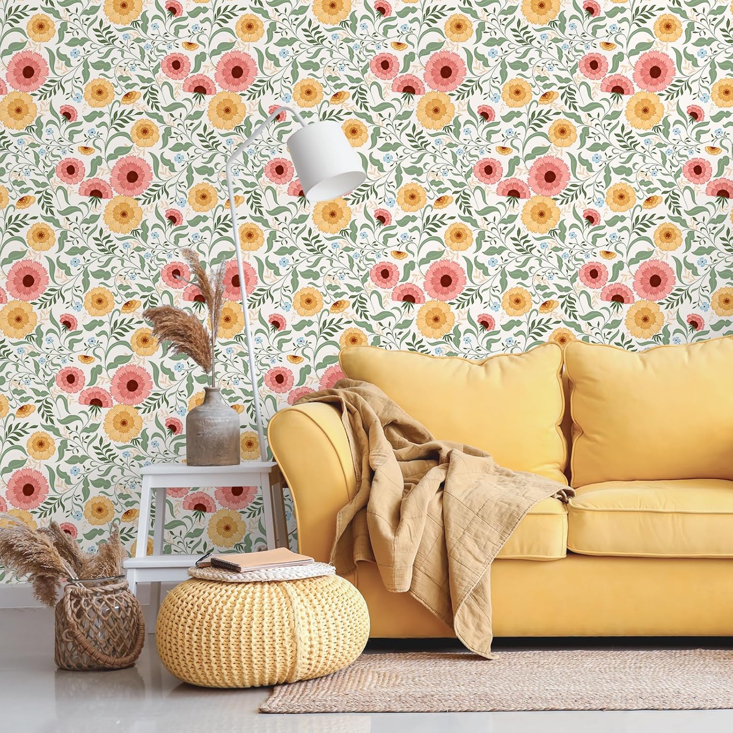 VEELIKE Vintage Aster Floral Peel and Stick Wallpaper Boho Yellow Pink Floral Wallpaper Removable Botanical Wallpaper 17.7''x354'' Prepasted Flower Wallpaper Stick and Pee for Girls Bedroom Nursery