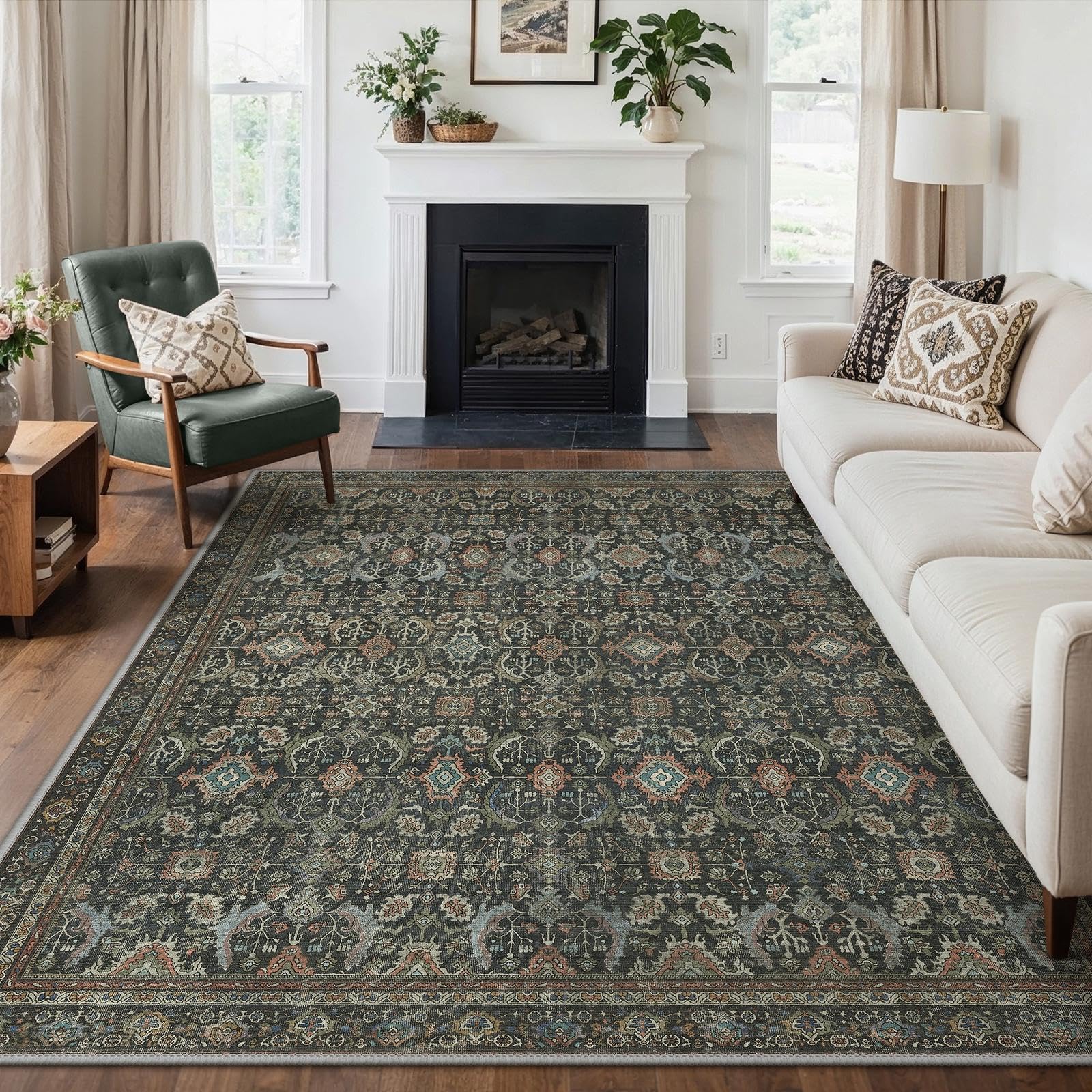 GENIMO Teppich Wohnzimmer Vintage Orientalischer rutschfest & Waschbare | Boho Vintage Orientalischer Teppiche, Kurzflor Wohnzimmerteppich, Rutschfest Carpet, für Schlafzimmer, Esszimmer, Büro