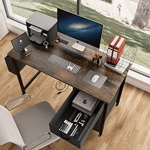 47.3" Office Desk with Power Outlet & 3 Drawers - Sturdy Reversible Frame, Side Pocket, Easy Assembly - Home/Office Computer Desk, Gaming Table, Vanity Table Rustic Brown + MDF+Metal + Modern